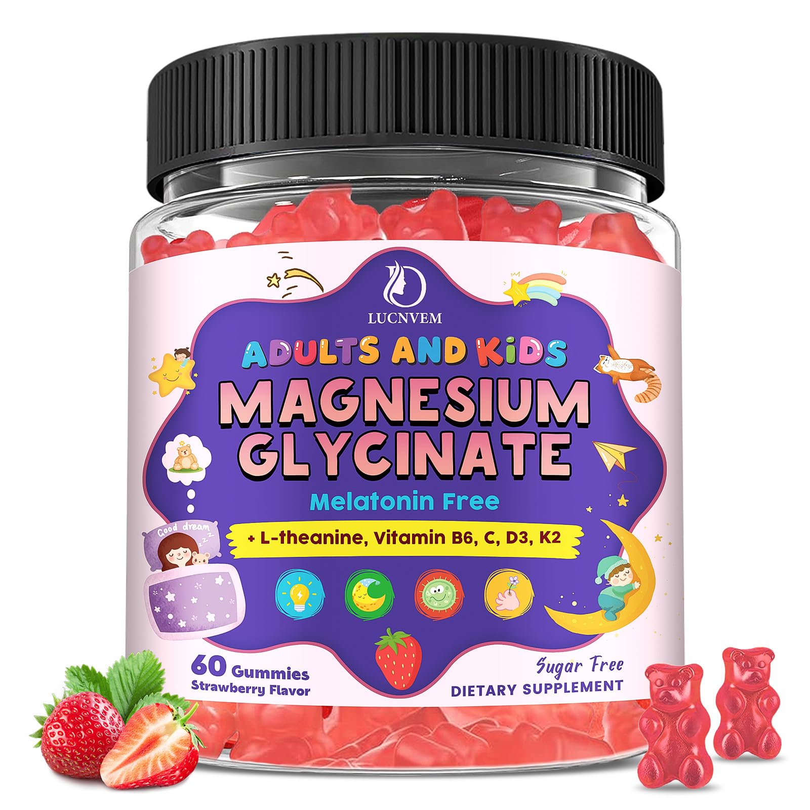 Magnesium Glycinate Gummies for Kids 4+ & Adults- Magnesium Glycinate 150/300 mg for Natural Sleep, Relaxation & Calm Support, Melatonin Free, Sugar Free Strawberry Flavor, 60 Ct LUCNVEMAu supplements