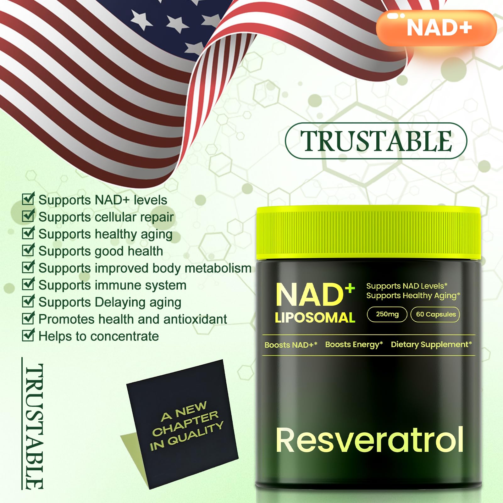 Lyndops NAD Supplement, Liposomal Nicotinamide Riboside Resveratrol 250mg, NMN Alternative, High Purity NAD Supplement for Women & Men, Anti-Aging, Cellular Energy, Mental Focus - 60 Capsules LyndopsAu supplements