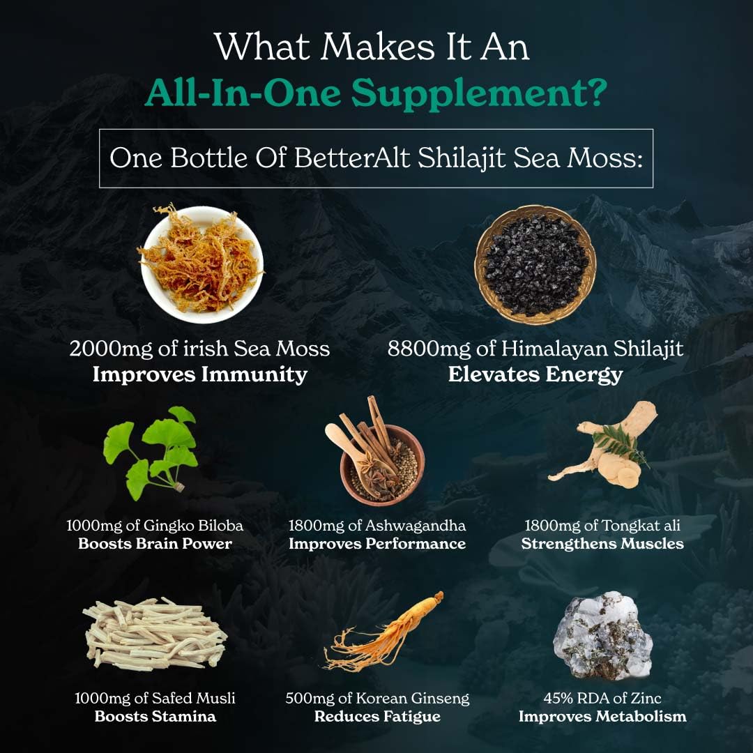 Better Alt Shilajit Sea Moss Capsules Pack of 2 with Ashwagandha & Black Pepper Extract with 85+ Essential Minerals & Antioxidants| Boosts Energy & Metabolism - 120 Servings, 240 Capsules Better AltAu supplements