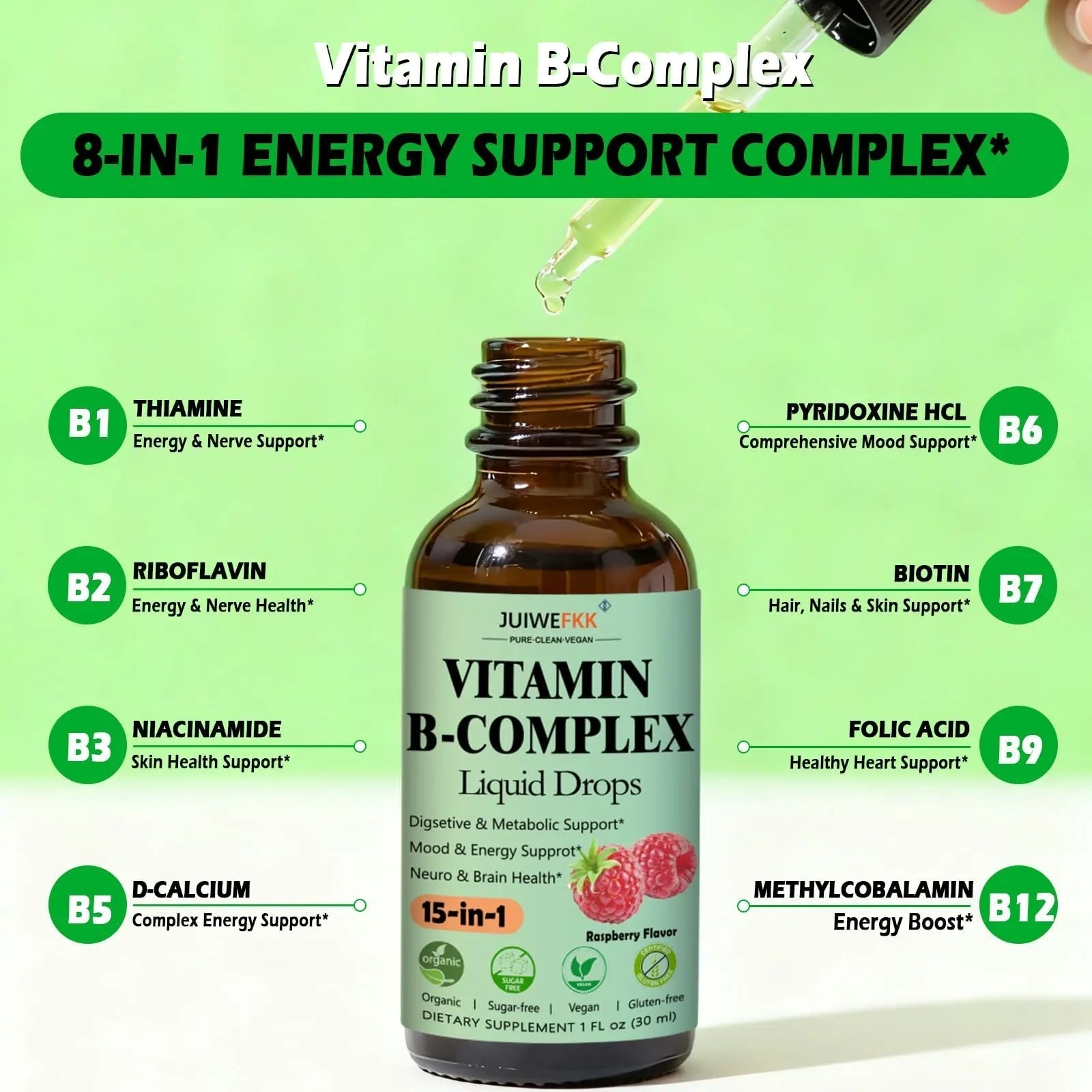Vitamin B Complex Liquid Drops for Women Men & Kids, 15-in-1 VIT B Complex with Vitamin C B12 B6 B1 Niacin Folate Magnesium JUIWEFKKAu supplements