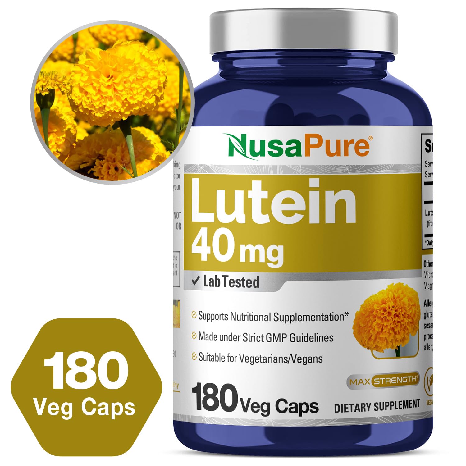 NusasPure Lutein - Suitable for Vegetarian/Vegan, Non - GMO - 40 mg - 180 Capsules NusaPureAu supplements
