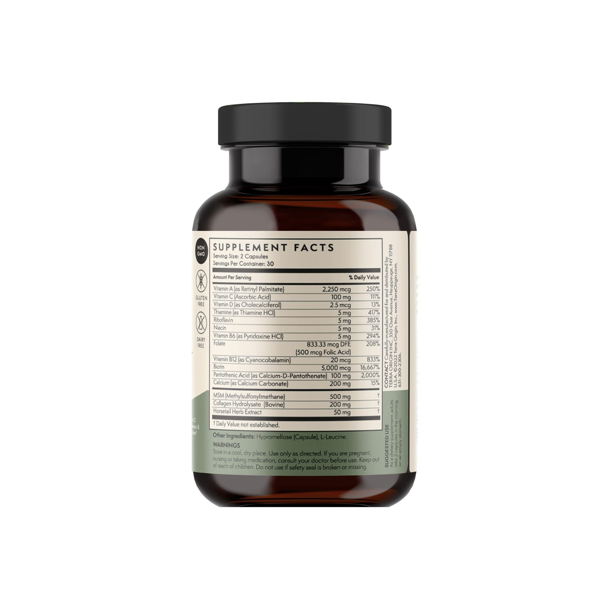 TERRA ORIGIN Healthy Hair, Skin and Nails Supplement | Collagen, Biotin, Horsetail & B-Complex | Supports Hair Strength, Skin Elasticity & Nail Growth | Vitamins for Women and Men | 60 Capsules TERRA ORIGINAu supplements