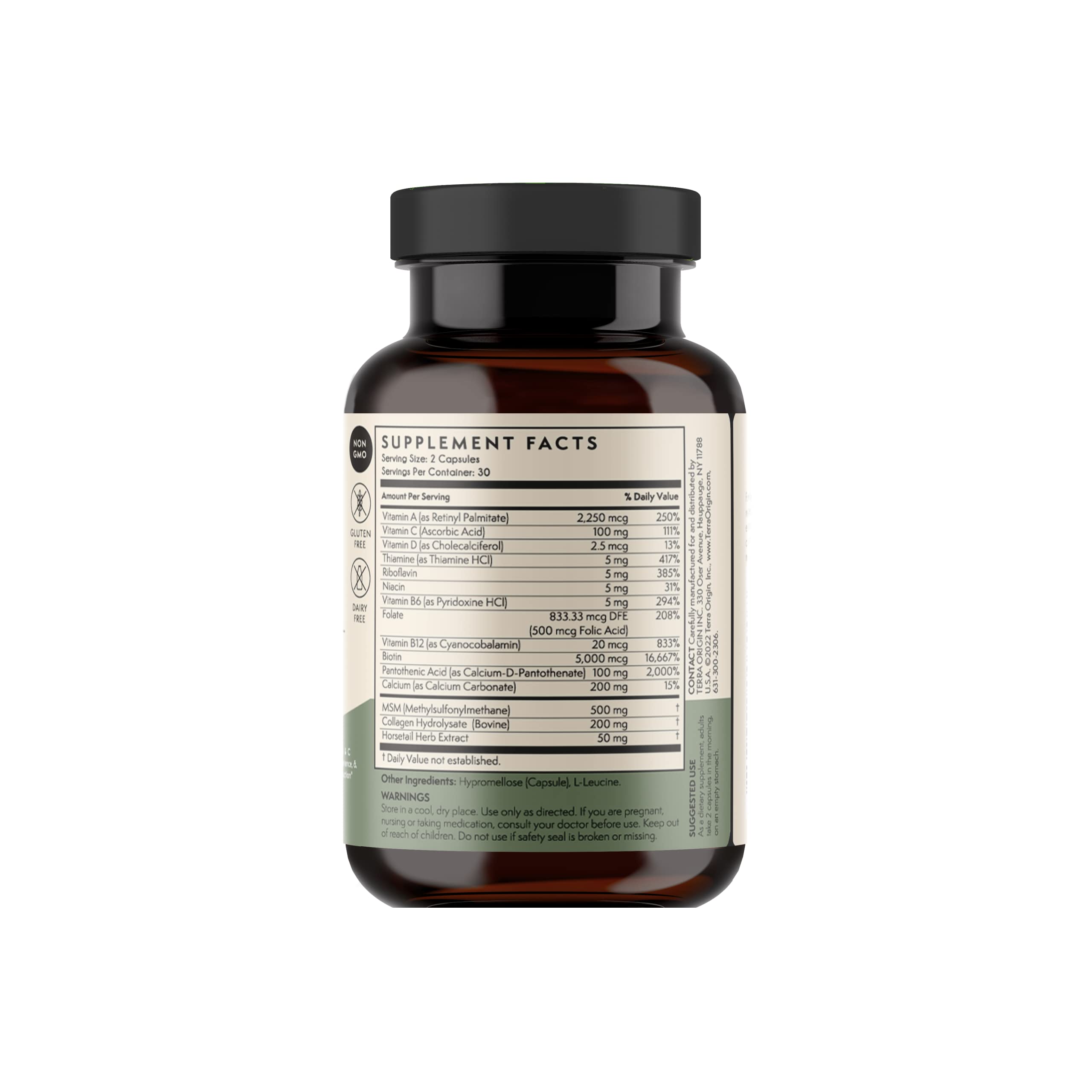 TERRA ORIGIN Healthy Hair, Skin and Nails Supplement | Collagen, Biotin, Horsetail & B-Complex | Supports Hair Strength, Skin Elasticity & Nail Growth | Vitamins for Women and Men | 60 Capsules TERRA ORIGINAu supplements