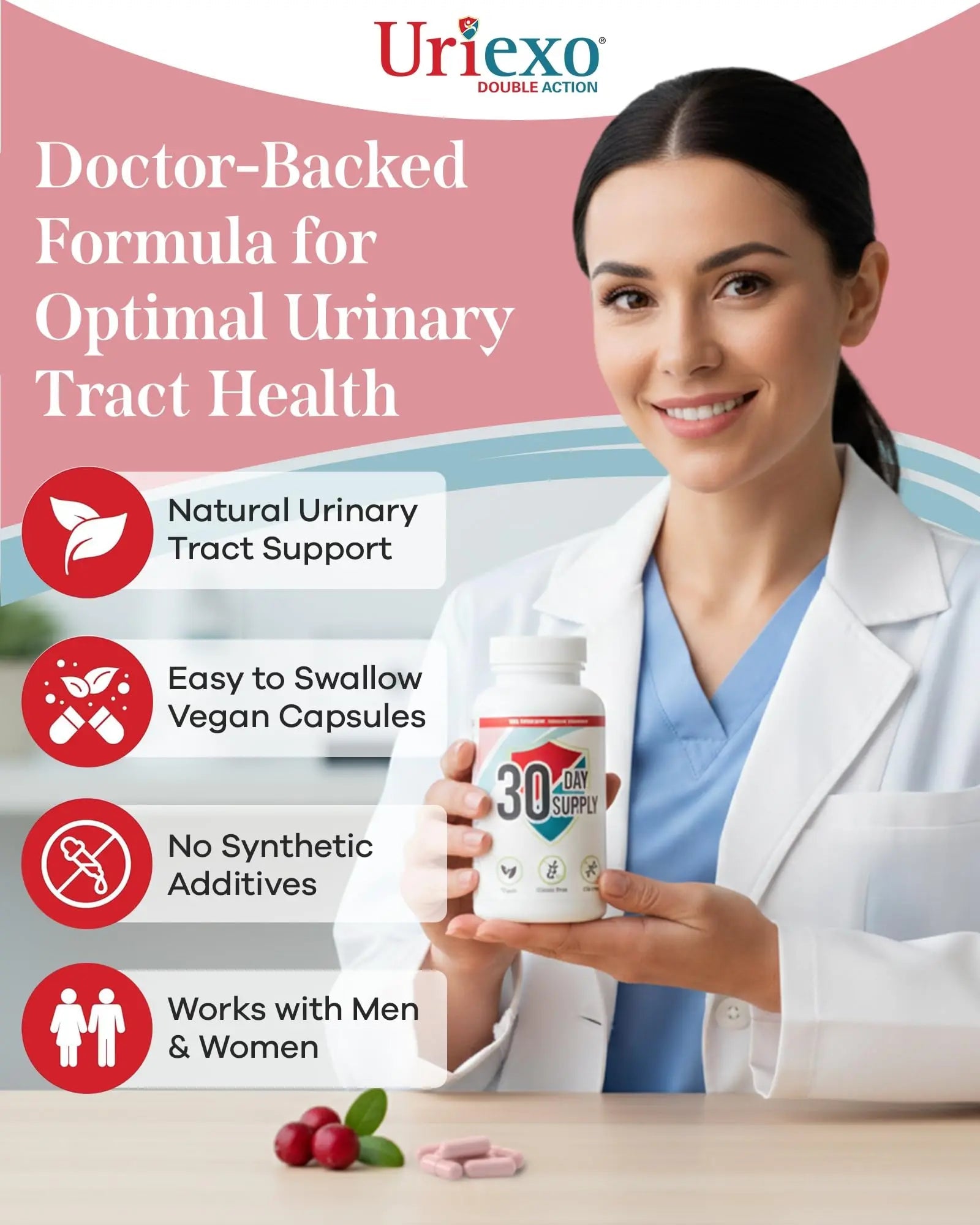 Uriexo Double Action Support Cranberry Pills - Urinary Tract Health Supplement with 36mg Proanthocyanidins PACs & 2000mg D-Mannose, Capsules for Men & Women, Non-Antibiotic Formula, 30 Day Supply UriexoAu supplements