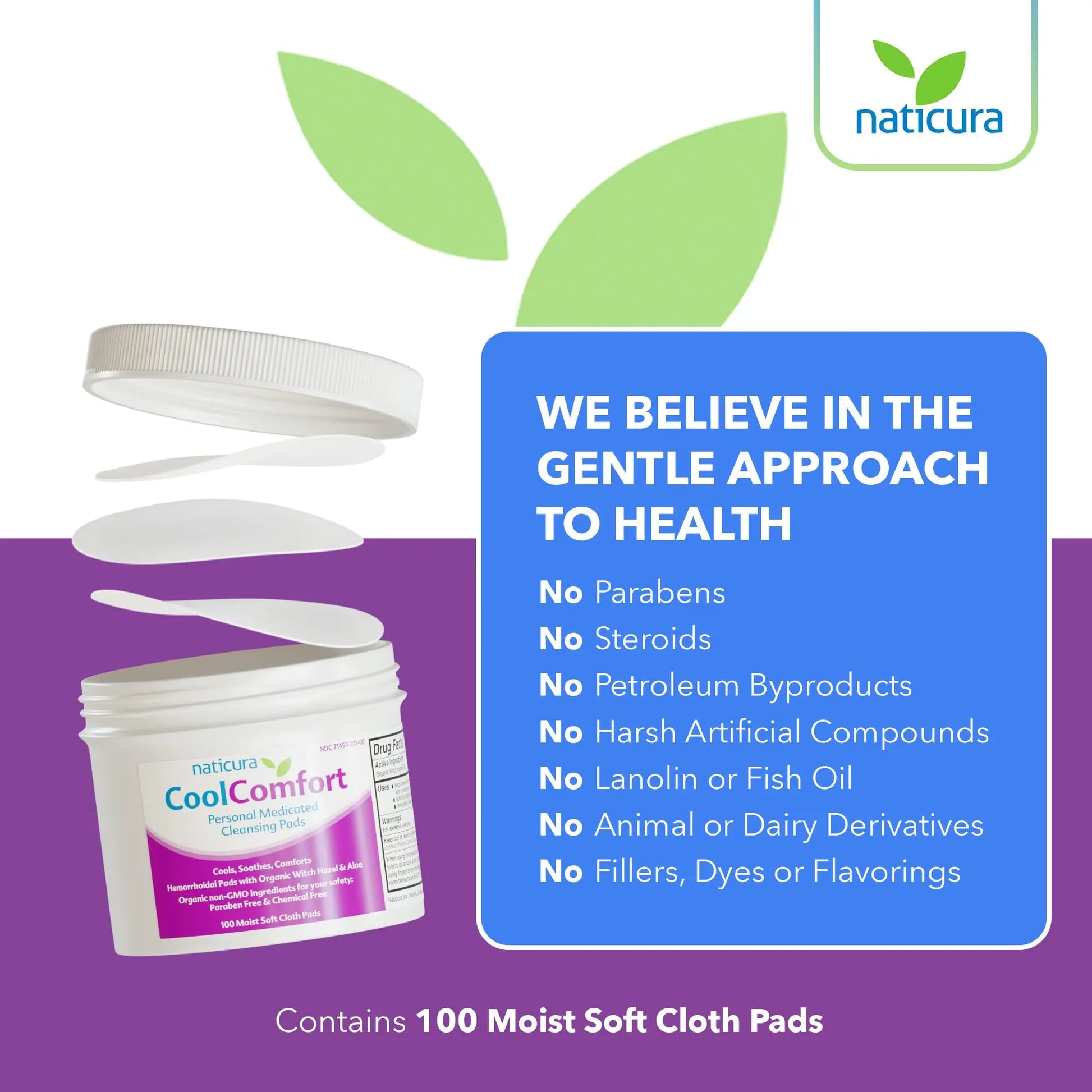CoolComfort Personal Cleansing Pads with Organic Witch Hazel and Aloe Vera - All Natural and Fast Acting Wipes for Hemorrhoid Burning, Itching, Pain and Swelling - 100 Pads - No Parabens - Made in USA NaticuraAu supplements