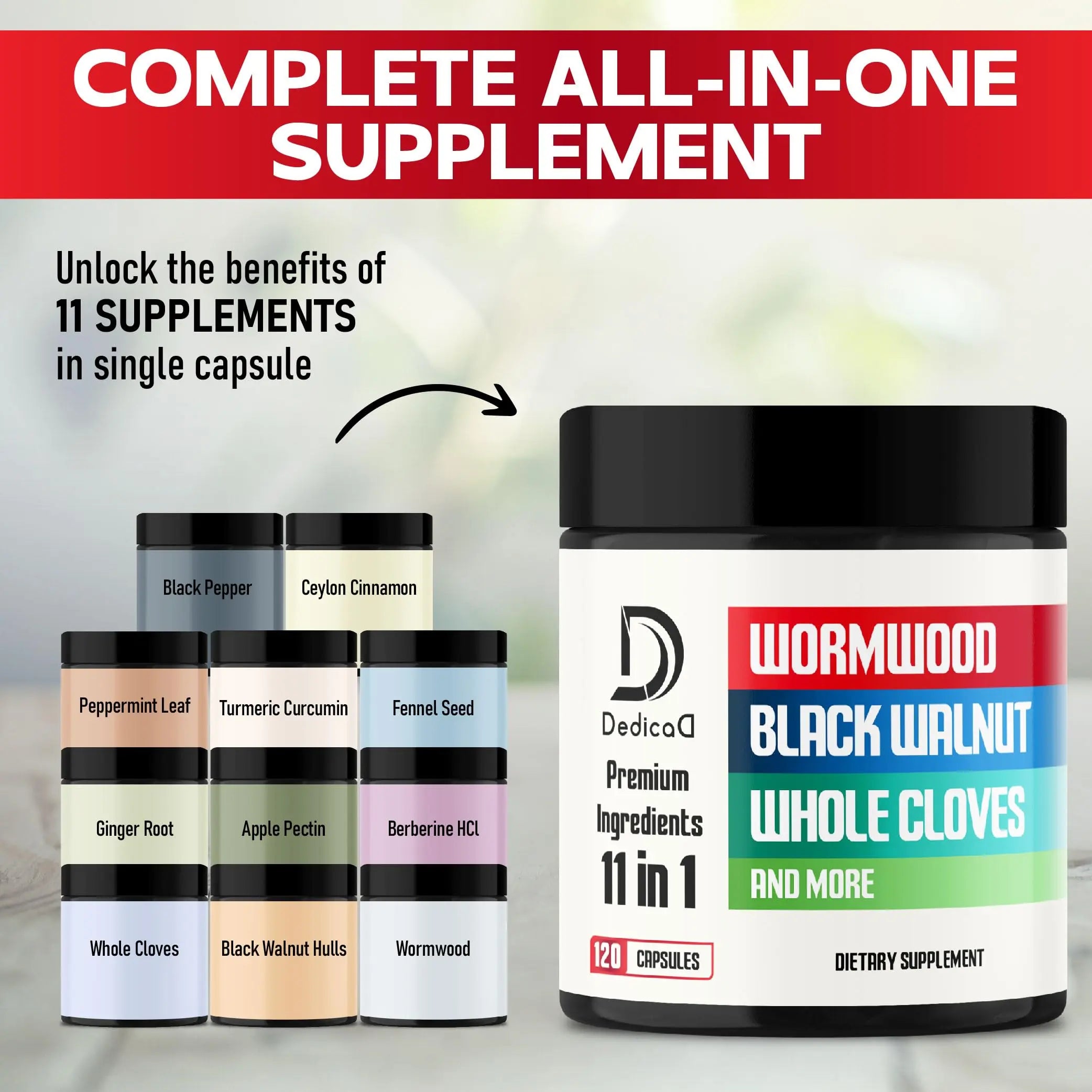 DEDICAD Wormwood Supplement - 120 Capsules Extracted from Black Walnut, Cloves, Turmeric, Apple, Berberine HCl & More - 11 Ingredients Combined for Immune System - 2-Month Supply DEDICADnz supplements