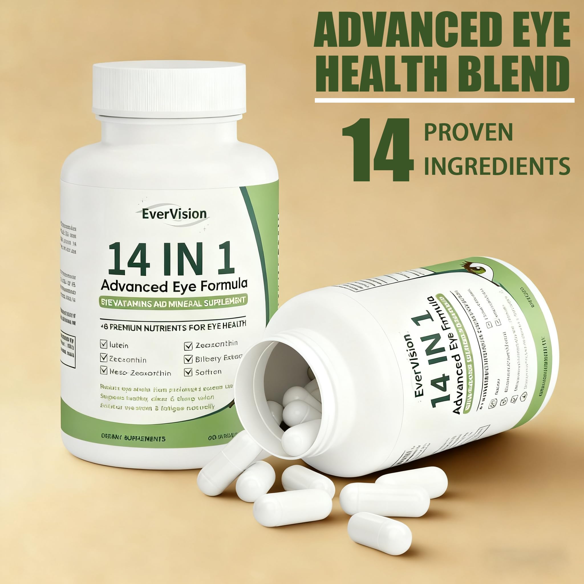 EVERVISION 14 in 1 Advanced Eye Formula, Eye Vitamin and Mineral Supplement with Zinc, Lutein, Zeaxanthin & Bilberry Extract, 60ct EVERVISIONAu supplements