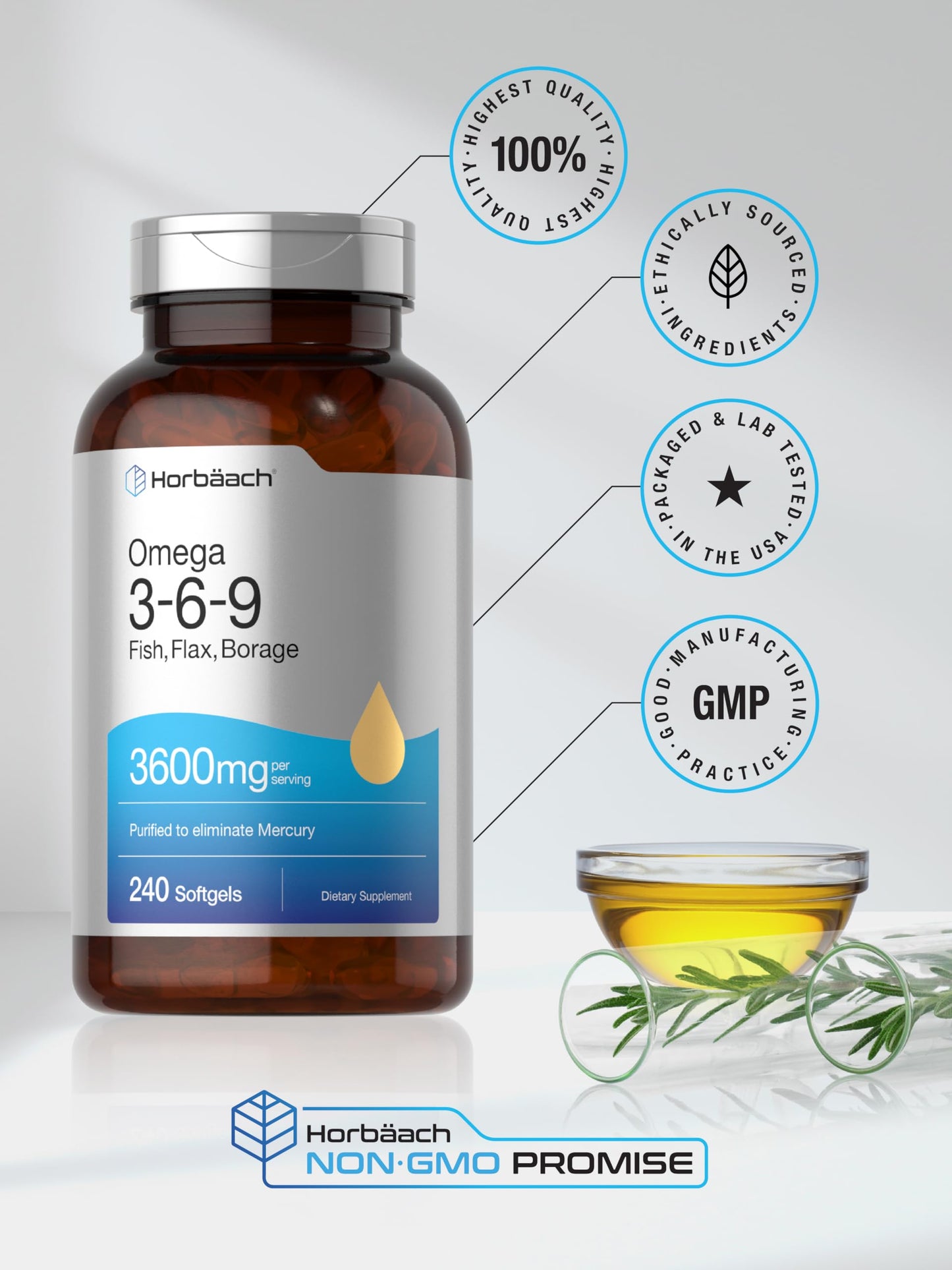 Triple Omega 3-6-9 240 Softgels | from Fish, Flaxseed, Borage Oils | Non-GMO & Gluten HorbäachUS supplements