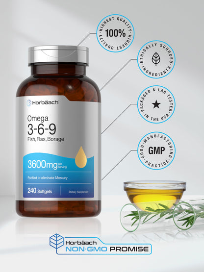 Triple Omega 3-6-9 240 Softgels | from Fish, Flaxseed, Borage Oils | Non-GMO & Gluten HorbäachUS supplements