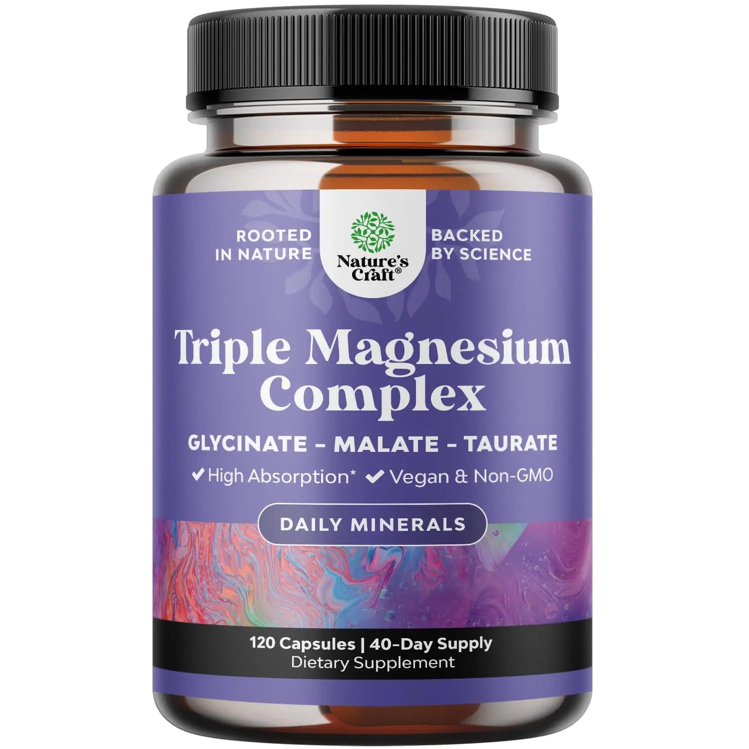 Triple Magnesium Complex Supplement - High Absorption Magnesium Glycinate, Malate & Taurate Blend for Muscles, Energy Support & Heart Health - Triple Mg Complex 400 mg Capsules - 120 Count Natures CraftAu supplements
