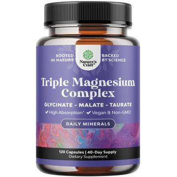 Triple Magnesium Complex Supplement - High Absorption Magnesium Glycinate, Malate & Taurate Blend for Muscles, Energy Support & Heart Health - Triple Mg Complex 400 mg Capsules - 120 Count Natures CraftAu supplements
