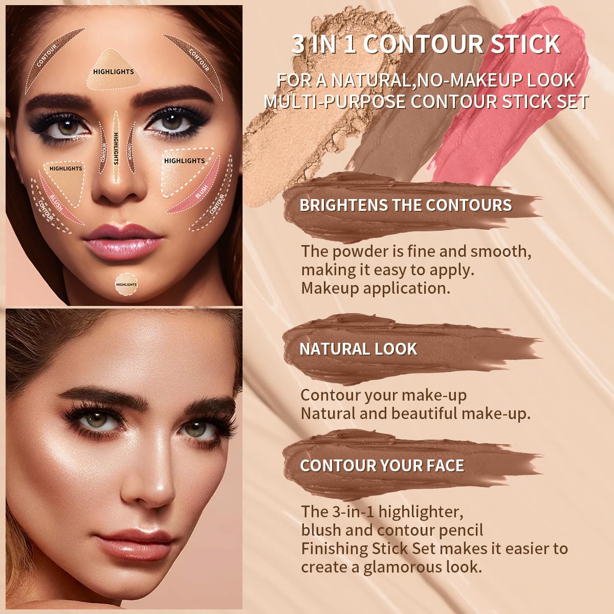 3Pcs Cream Contour Sticks Kit, Highlighter Stick Blush Stick Cream Contour Kit Makeup Set with Brush,Face Brightens & Shades Contour Stick Waterproof for Women QICAu supplements