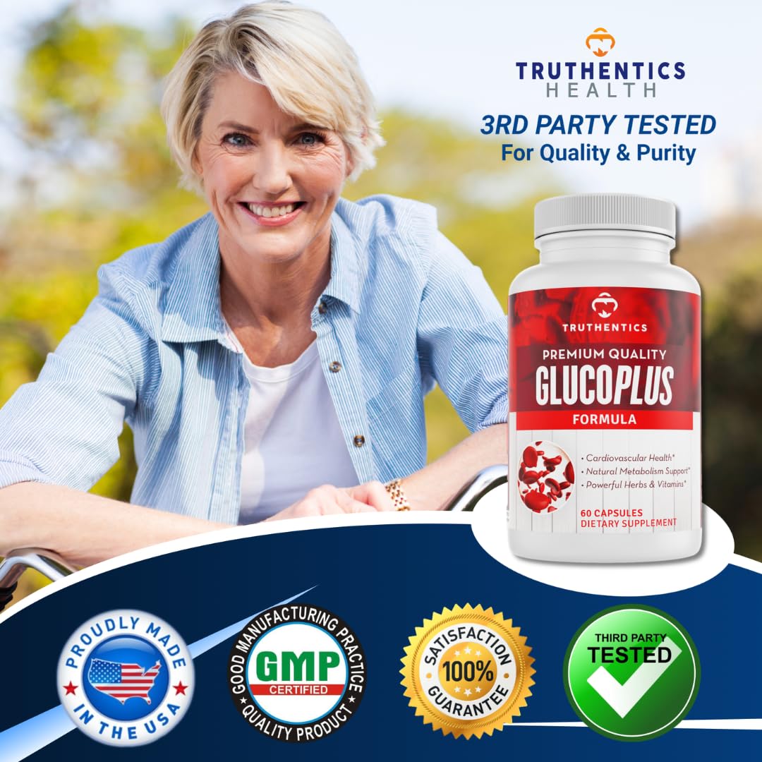 TRUTHENTICS GlucoPlus - 20 Herbs, Vitamins & Minerals with Cinnamon, Chromium, Vanadium, Bitter Melon, Alpha Lipoic Acid, Magnesium - Gluten Free, Non-GMO - 60 Capsules TRUTHENTICSAu supplements