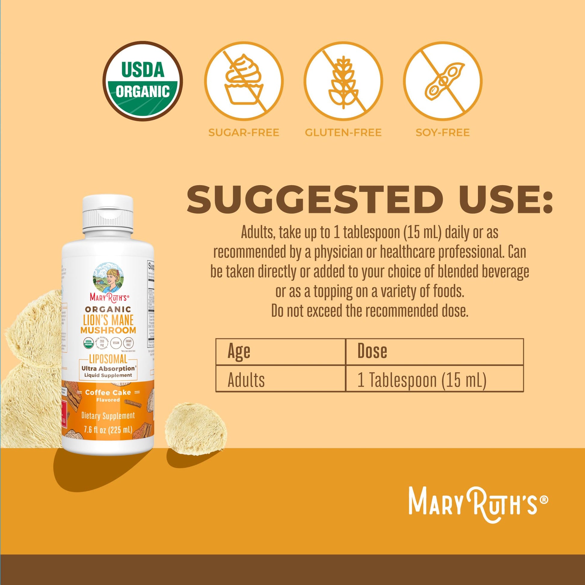 MaryRuth Organics Lions Mane Supplement | Ultra Absorption Liposomal | Full Spectrum Lion's Mane Mushroom | 200mg Beta-Glucans Per Serving | USDA Organic | Vegan | 7.6 oz | 15 Servings MARYRUTH'SUS supplements