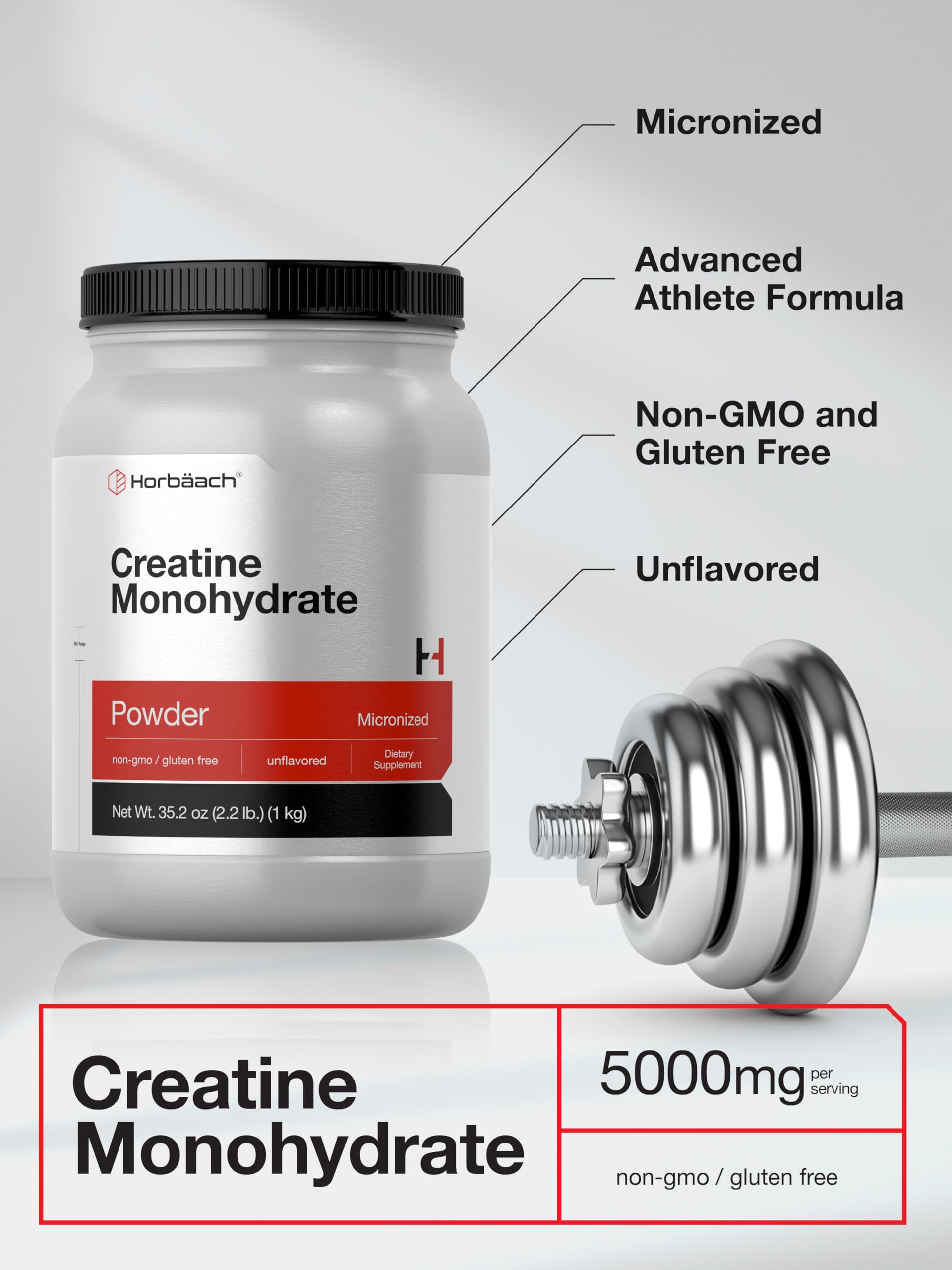 Horbäach Creatine Monohydrate Powder | 2.2lbs (35.2 oz) | Micronized and Unflavored | Vegetarian, Non-GMO, and Gluten Free Supplement HorbäachAu supplements