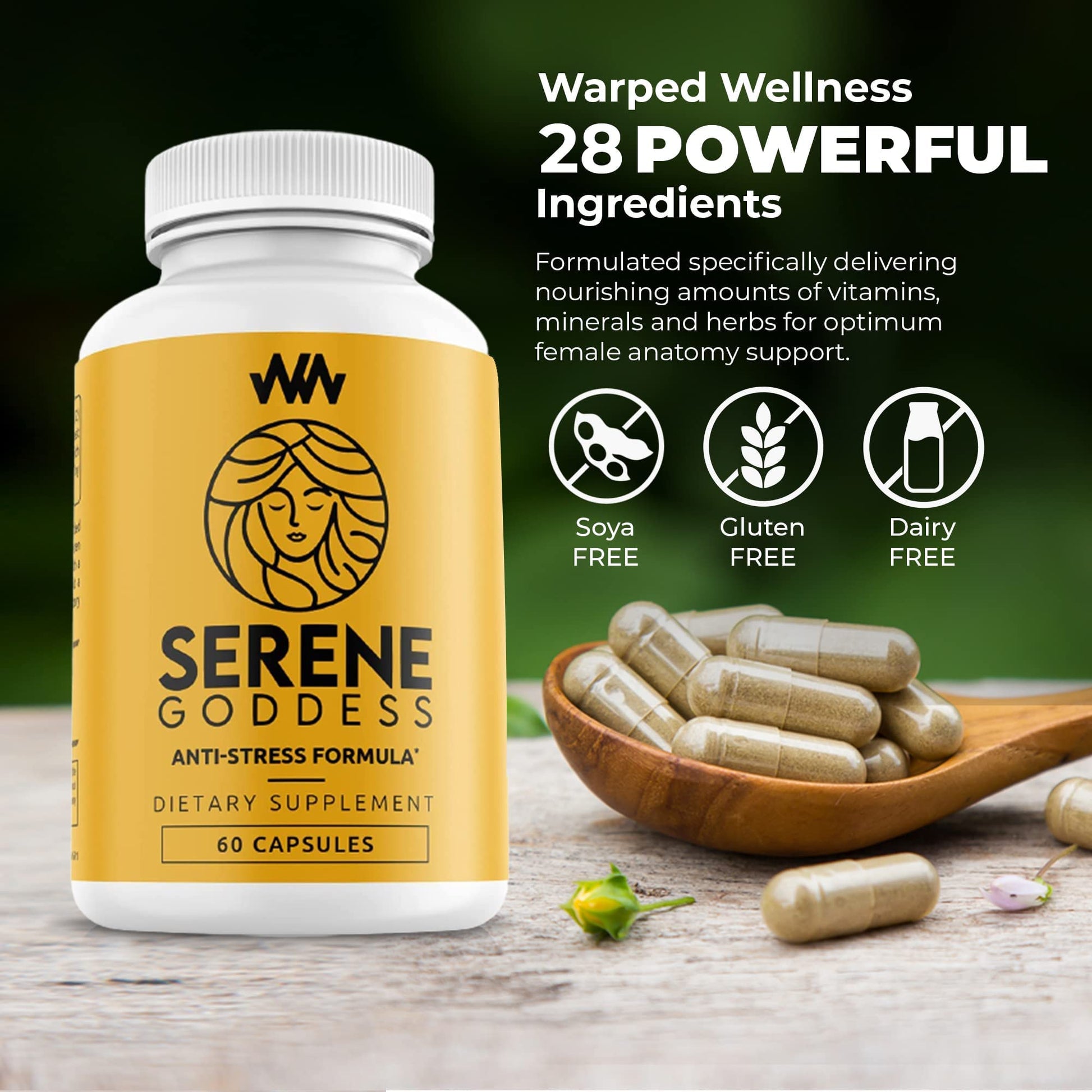 Warped Wellness Womens Supplement That Boosts Mood, Helps Relax The Mind & Body, Relieves Tension & Worries| Magnolia Bark for Female Specific Help| Serene Goddess | Vitamin Helps Boost Mood Warped WellnessAu supplements