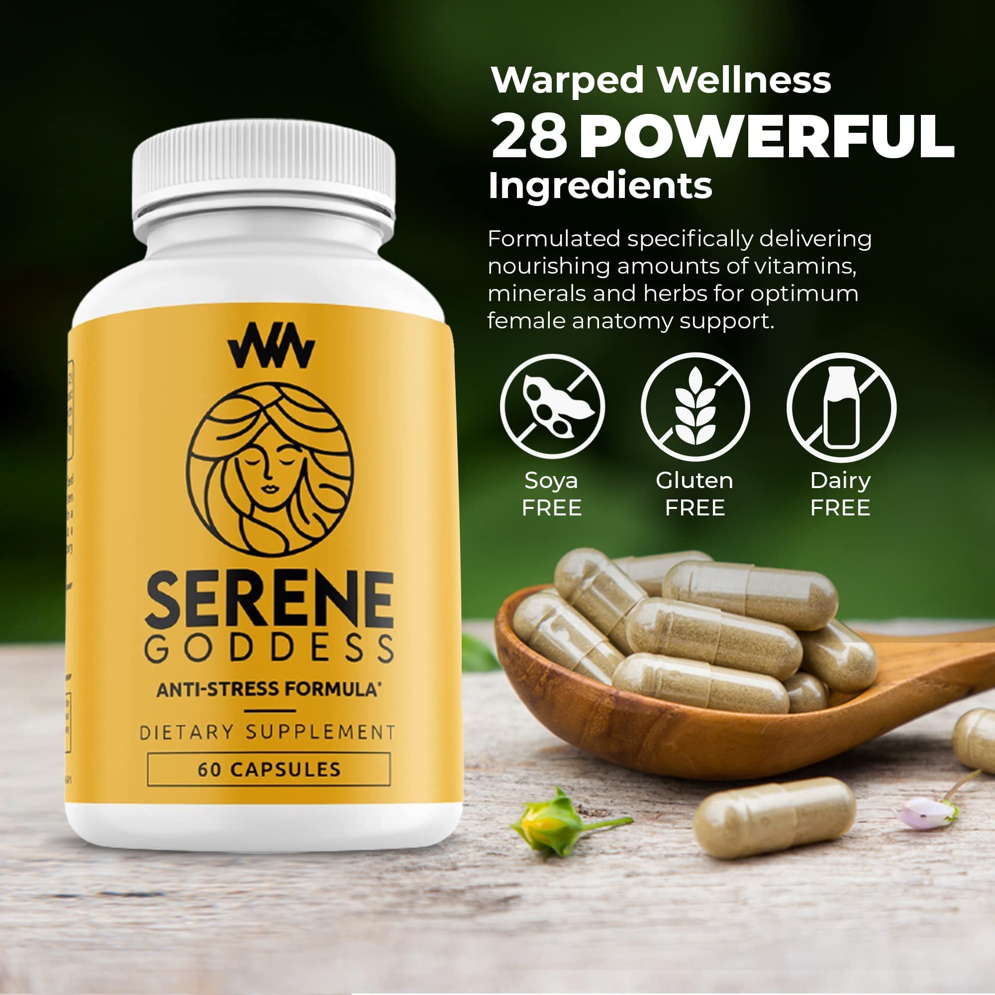 Warped Wellness Womens Supplement That Boosts Mood, Helps Relax The Mind & Body, Relieves Tension & Worries| Magnolia Bark for Female Specific Help| Serene Goddess | Vitamin Helps Boost Mood Warped WellnessAu supplements