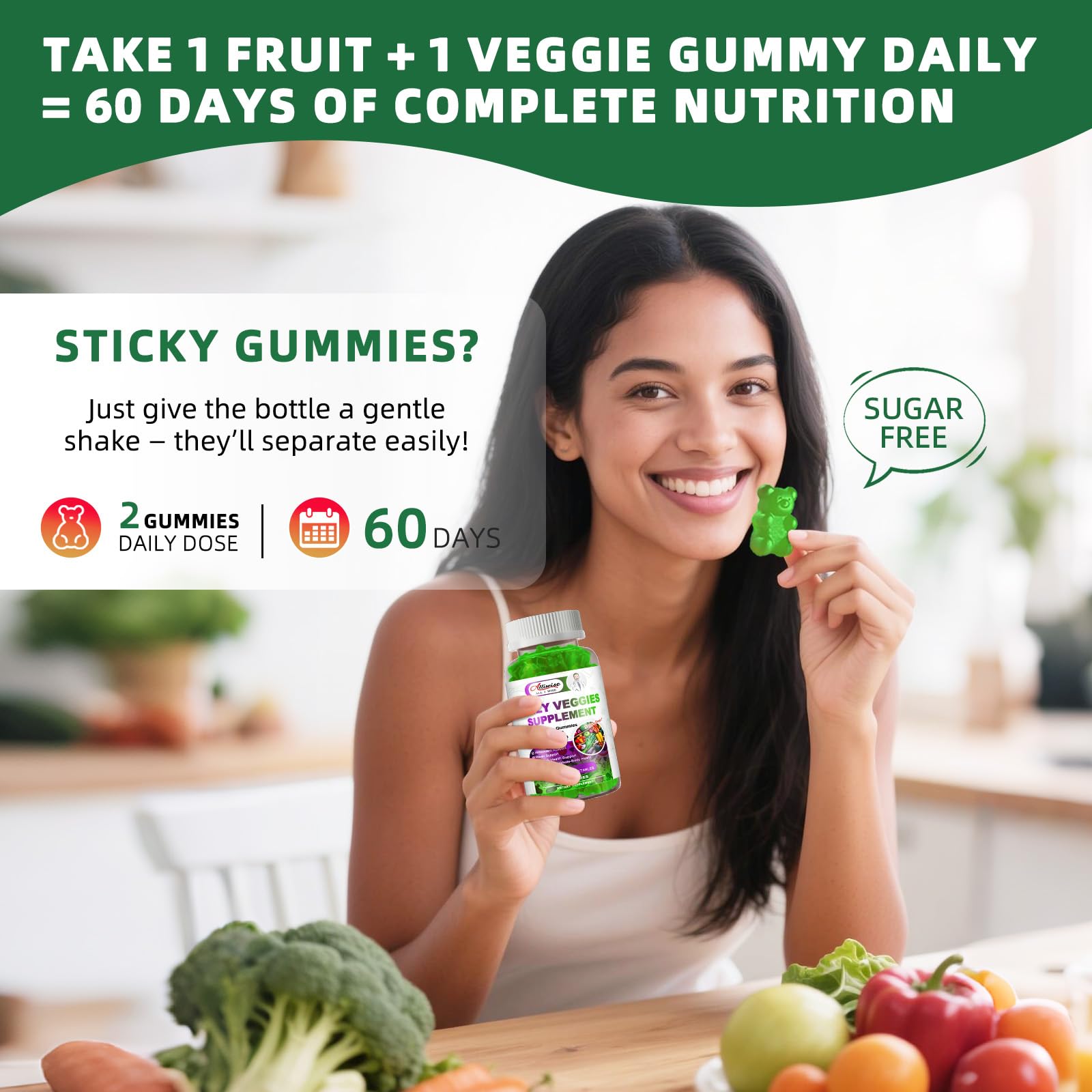Sugar-Free Fruits & Veggies Gummies, Super Greens with 23 Fruits & 25 Veggies, Multivitamin Minerals & Fiber, Vegan Fruit & Vegetable Supplement for Adults, 120 Gummies, 2 Month Supply AlliwiseAu supplements