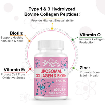 Liposomal Collagen Biotin Capsules, Hydrolyzed Bovine Collagen Peptides 1700 mg, Types 1 & 3 Protein YapilaUS supplements