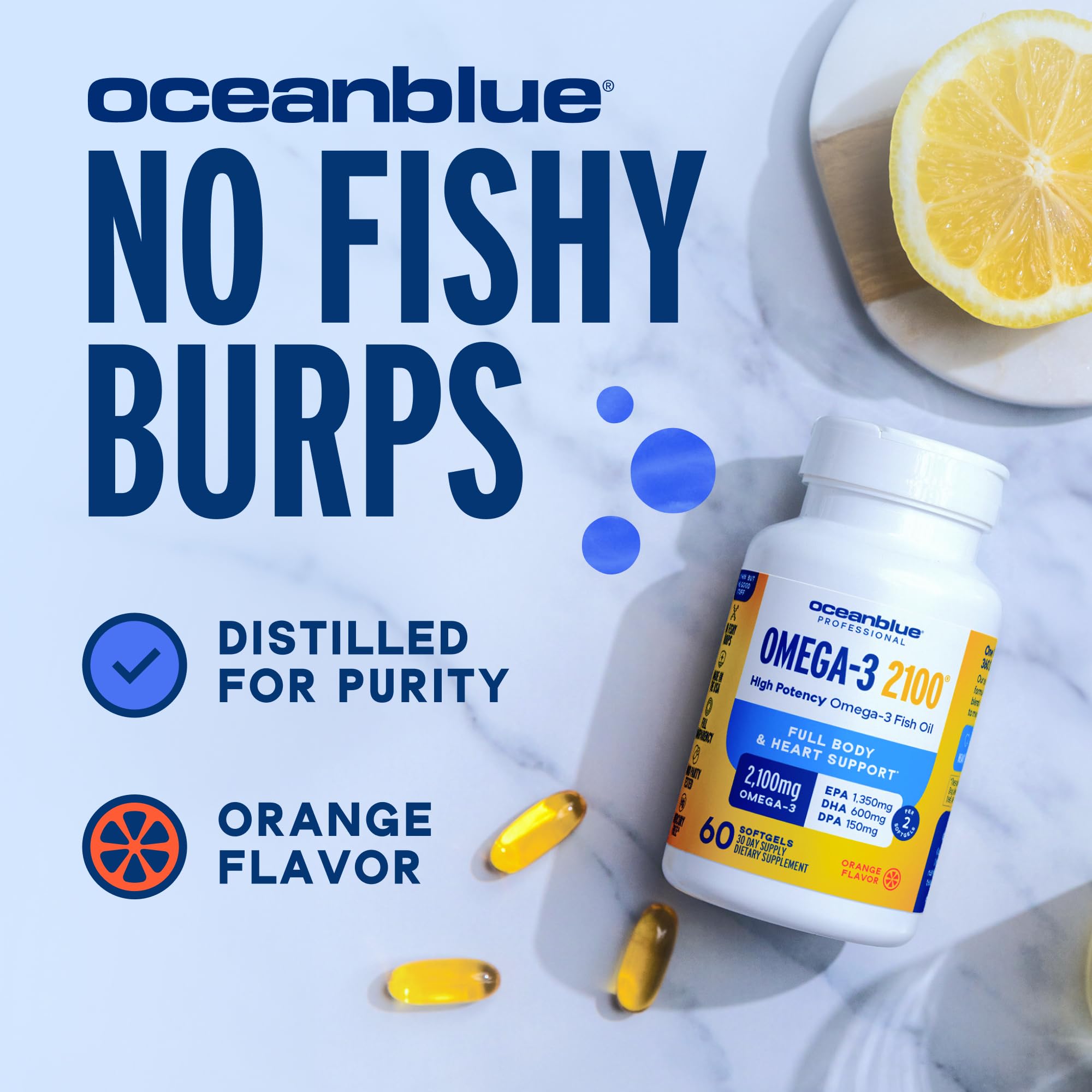 Oceanblue Professional Omega-3 2100mg Fish Oil Supplement – Triple Strength, High Potency EPA, DHA & DPA – Burpless, Wild-Caught, Natural Orange Flavor – 120 Count (Pack of 1) OceanblueAu supplements