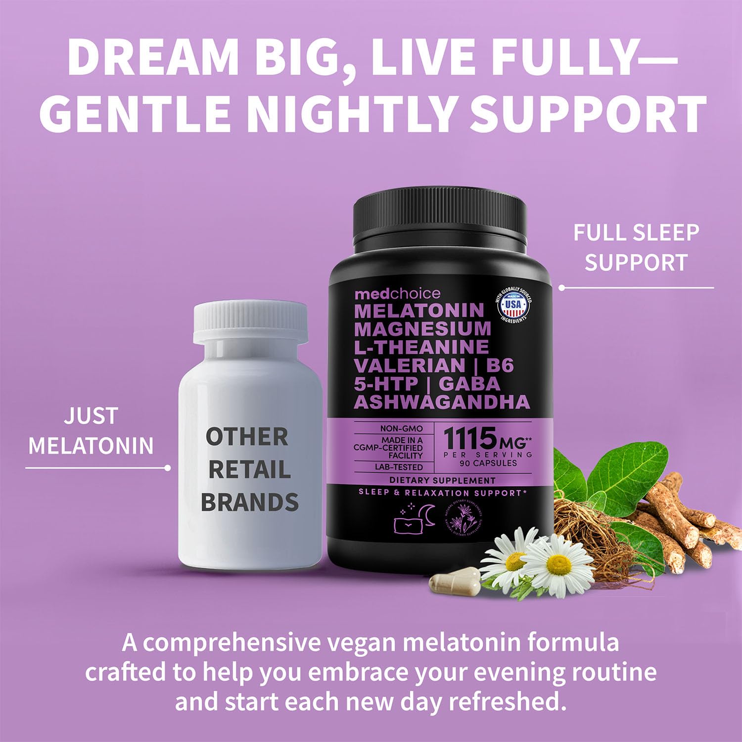 12-in-1 Melatonin Sleep Capsules - Natural Sleep Aids for Adults with Melatonin 5mg and Magnesium Glycinate 500mg, Sleep Aid with Ashwagandha, L Theanine, Valerian Root, GABA, 5-HTP (90ct, Pack of 1) MEDCHOICEAu supplements
