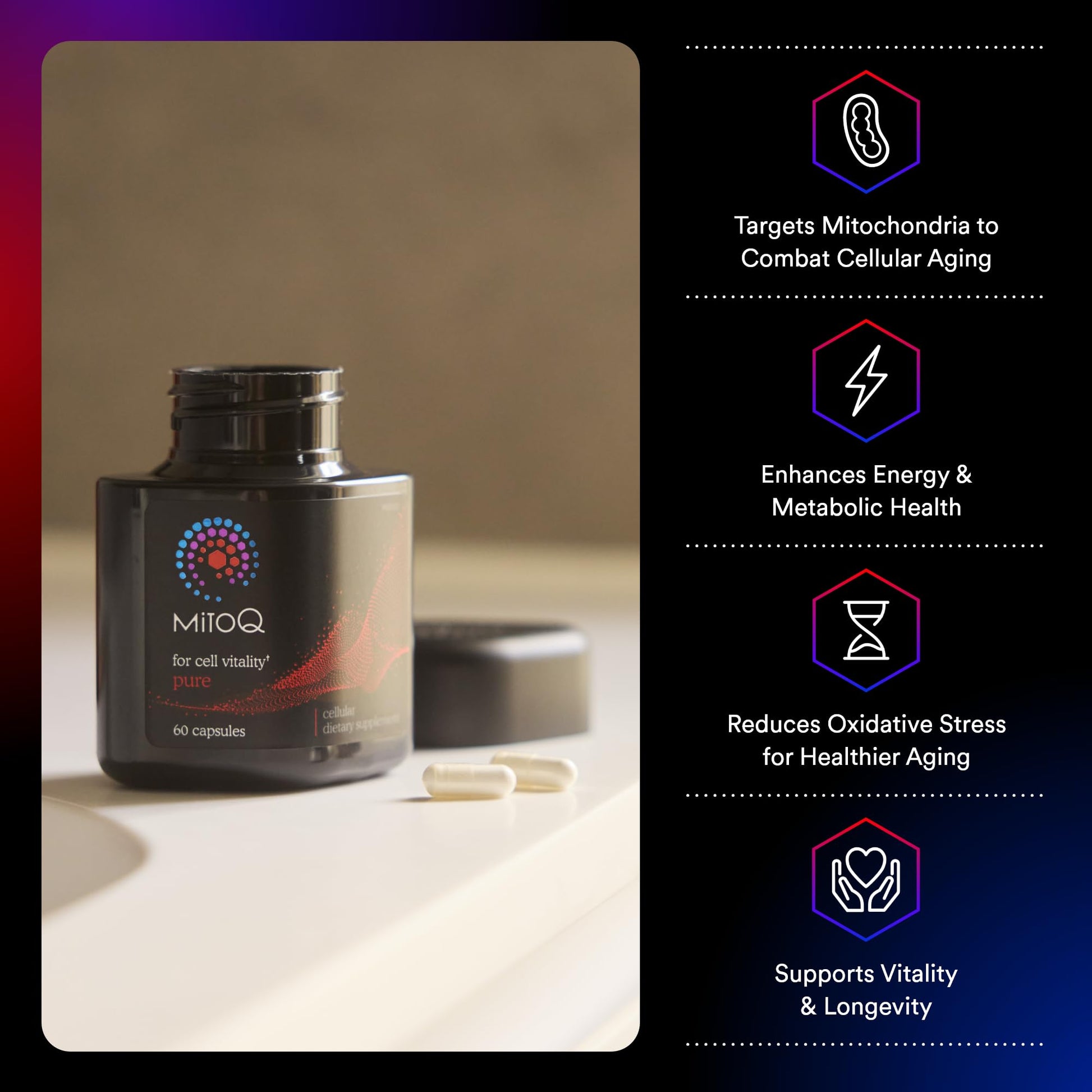 MitoQ Pure Advanced Mitochondria Supplement Superior Bioavailability to CoQ10 | Reduces Free Radical Damage for Healthy Aging, Metabolism, Heart Health, Energy, Strength & Mobility MitoQAu supplements