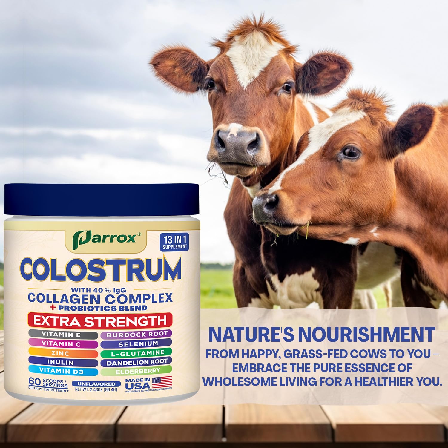 Parrox Colostrum Powder with 40% IgG, Collagen, Probiotics, Burdock Root, L-Glutamine, Elderberry, Vitamin C, Vitamin E, Vitamin D3, Inulin, Selenium, Dandelion Root, Zinc, 60 Servings (Unflavored) ParroxAu supplements
