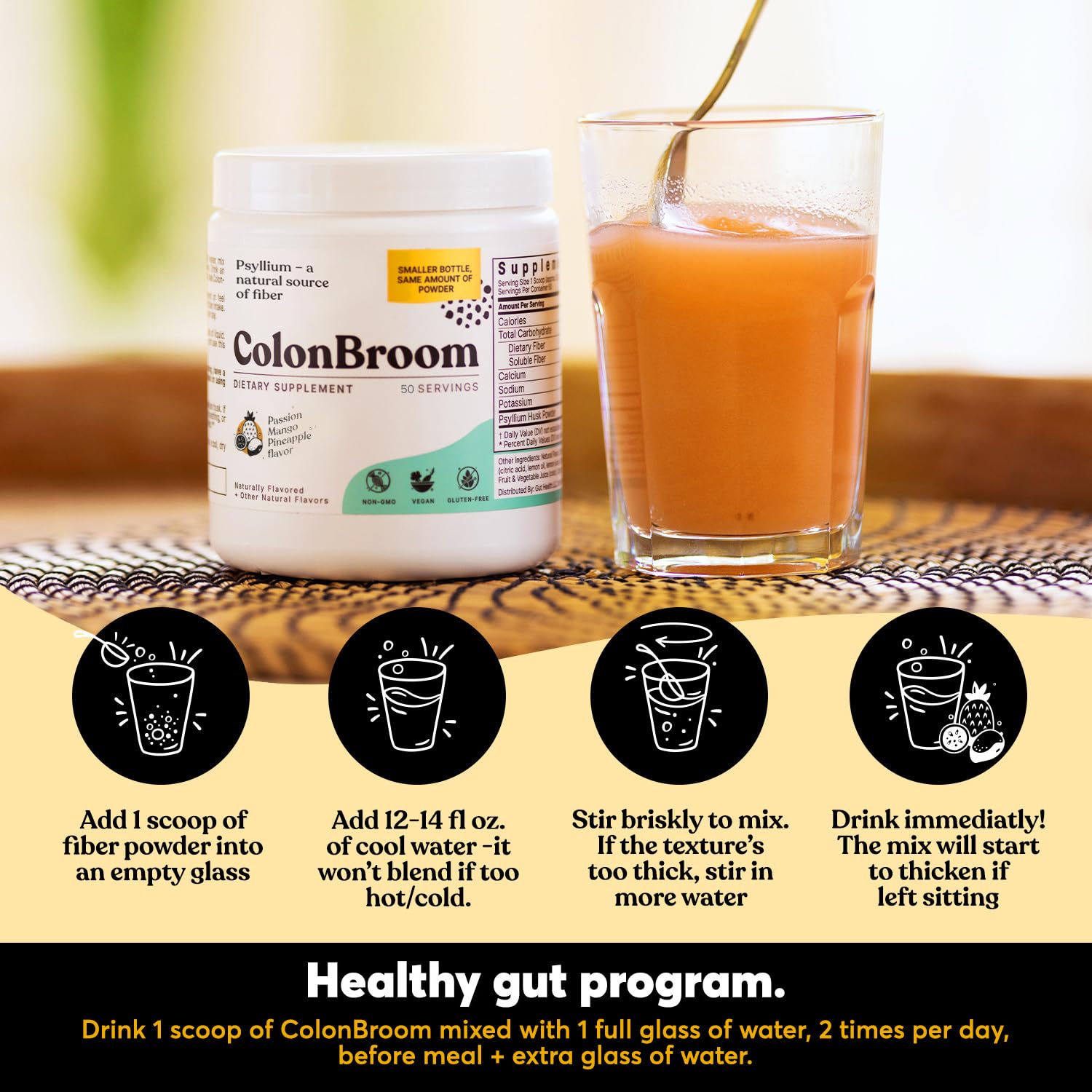 ColonBroom Psyllium Husk Powder with Stevia (Tropical Fruits) - Colon Cleanse for Bloating Relief & Gut Health - Colon Broom Fiber Powder Drink - Vegan Fiber Powder Stevia Supplement, 100 Servings ColonBroomAu supplements