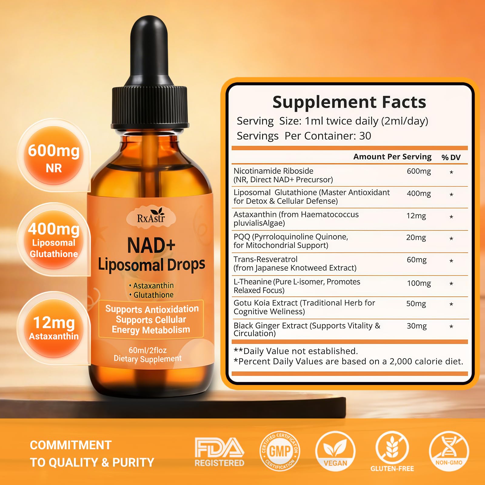 NAD+ Liposomal Drops with Astaxanthin & Glutathione, 600mg NR for Cellular Energy, Antioxidant Defense, Skin & Cognitive Support for Men & Women, Natural Citrus Flavor, Vegan, GMP Certified, 60ml RxAstrAu supplements