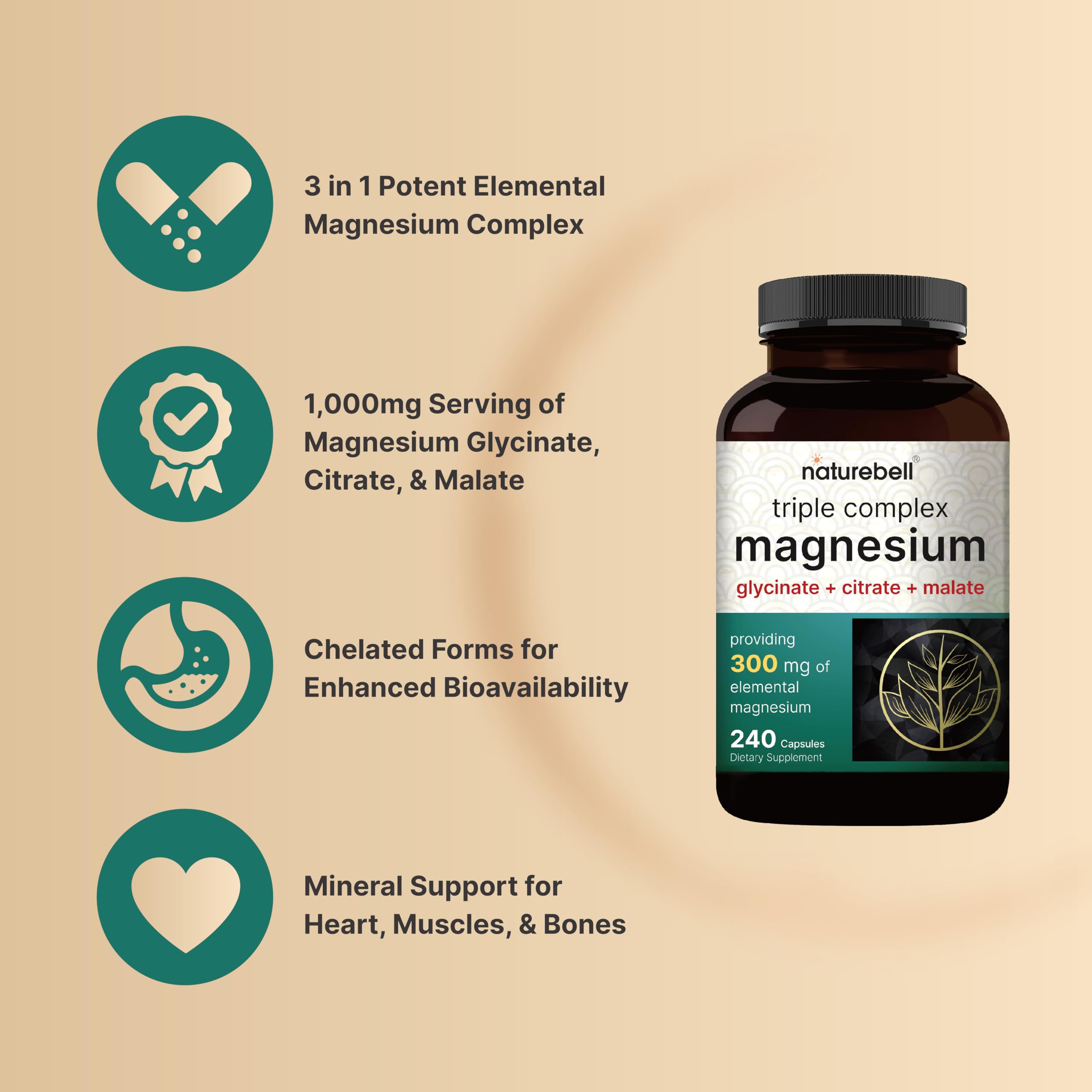 Triple Complex Magnesium Supplement, 240 Capsules | Magnesium Glycinate 500mg NatureBellUS supplements