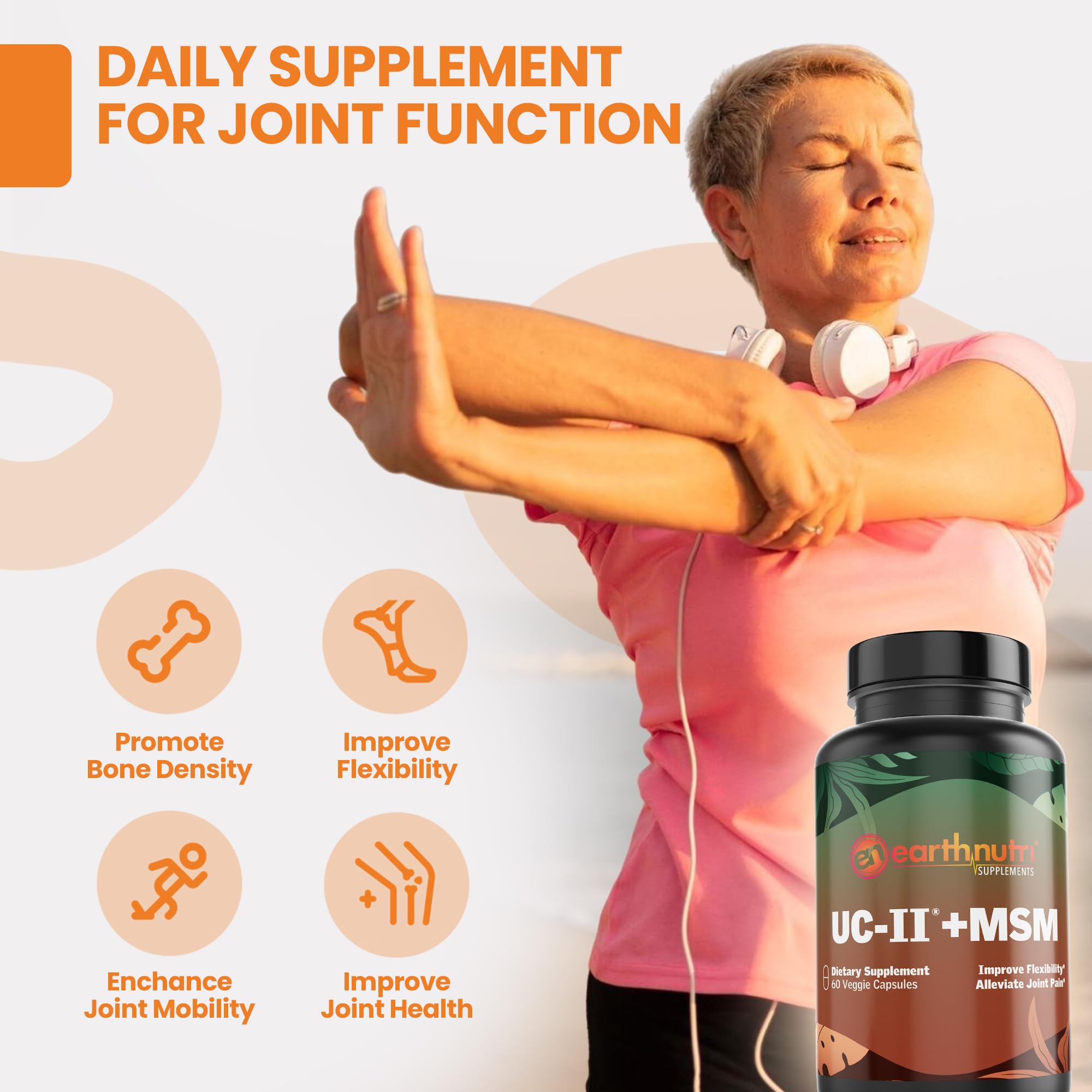 EarthNutri UC-II Collagen & MSM Supplement for Bone Health and Joint Flexibility Joint Supplement - 40mg UC-II Providing 10mg Total Collagen & 1000mg MSM - 60 Capsules (2 Caps Daily) EarthNutriAu supplements