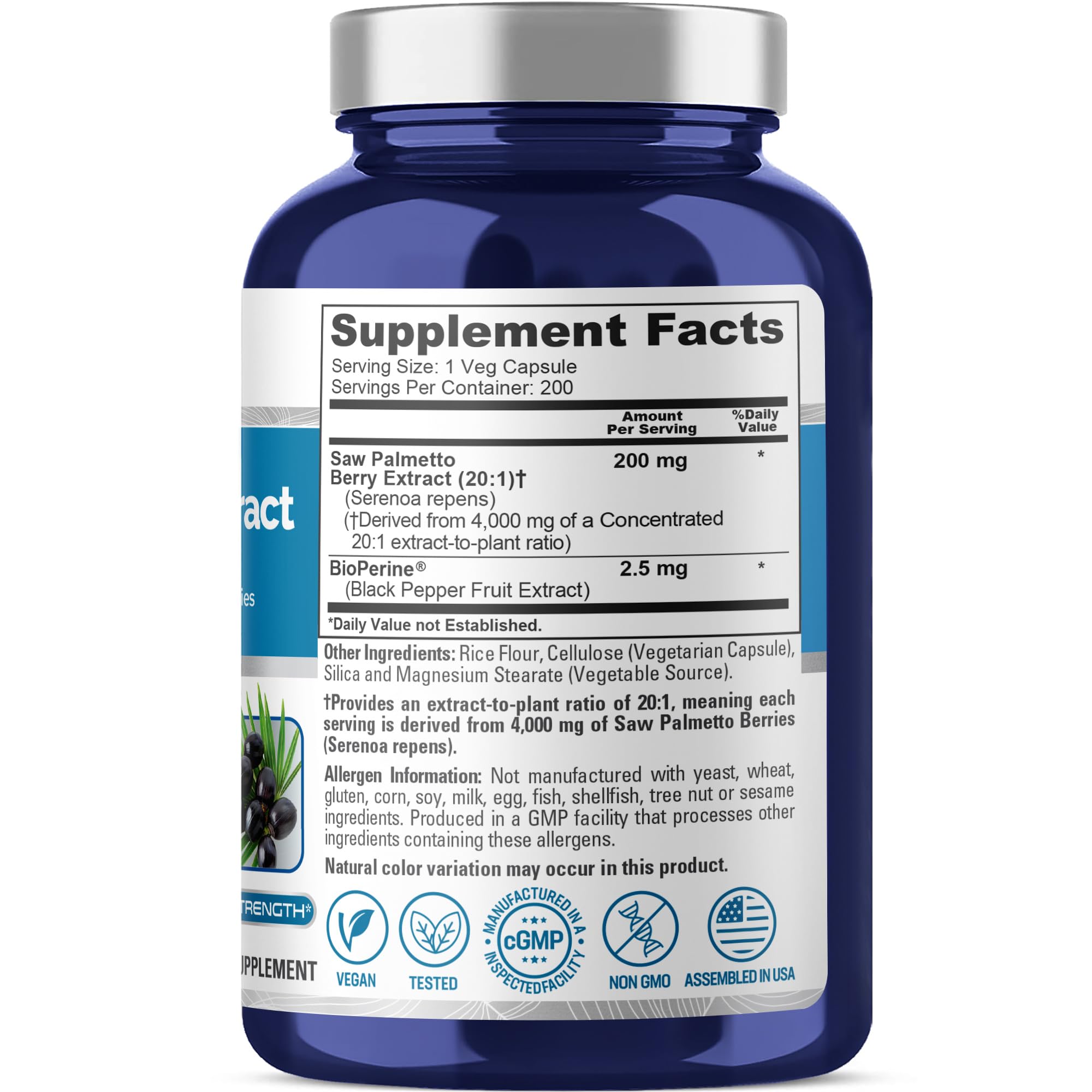 NusaPure Saw Palmetto 20:1 Extract, 200 mg Equivalent to 4,000 mg per Veggie Caps 200 Count Non-GMO, Vegan, Vegetarian, Bioperine NusaPureAu supplements