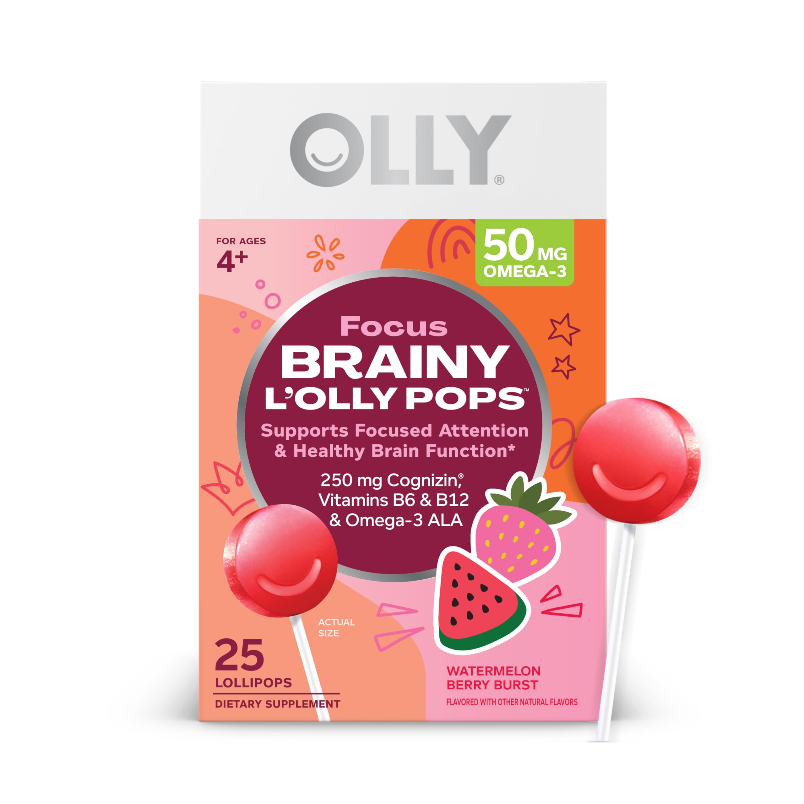 OLLY Focus Buddies L’OLLY Pops, Cognizin, Vitamins B6 and B12, Omega-3 ALA, Supports Focused Attention and Healthy Brain Function,* Kids 4+ Dietary Supplement, Watermelon Strawberry Flavored, 25 Count OLLYAu supplements