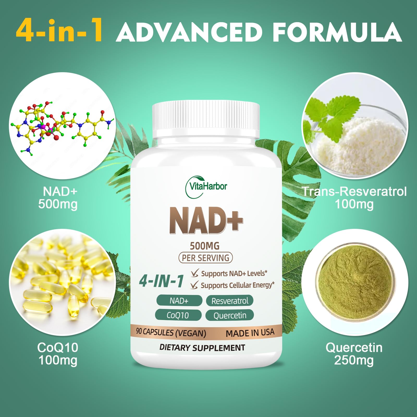 NAD Supplement 500mg, Pure Organic NAD+ Supplement for Women & Men, NAD+ with Trans-Resveratrol & CoQ10 & Quercetin for Cellular Energy & Healthy Aging, NMN Alternative (90 Vegan Caps) VitaHarborAu supplements