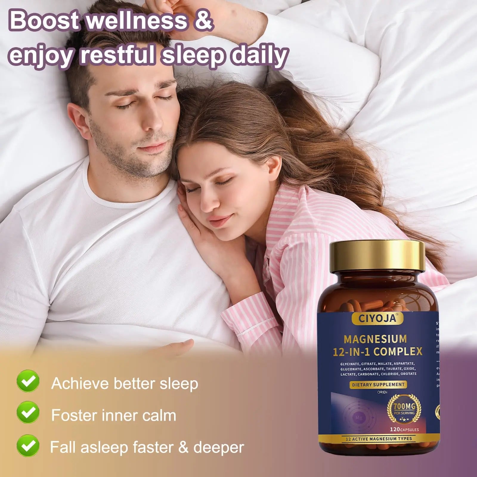 12-in-1 Magnesium Complex for Women Men: Magnesium Glycinate 700mg with Citrate, Malate Taurate Chelated Forms - High Absorption Magnesium Supplement for Relaxation Muscle Heart - 120 Vegan Capsules CIYOJAnz supplements