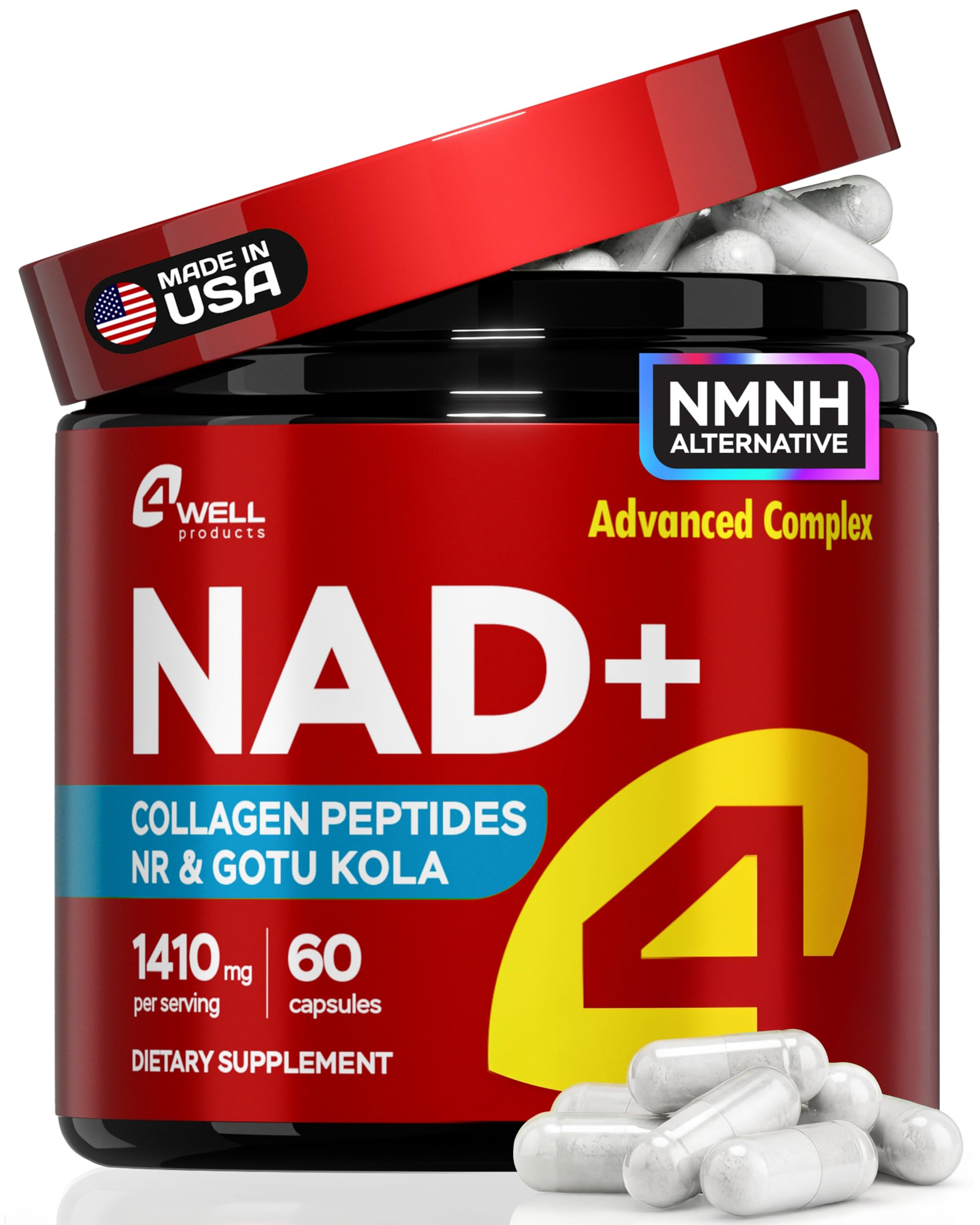 Gotu Kola and NAD Plus Supplement 1400mg - NMNH Supplement Alternative Supports Healthy Aging Complex with Nicotinamide Riboside & Gotu Kola, Collagen - Formula for Energy, Skin & Cognitive, 60 Caps 4Well ProductsAu supplements