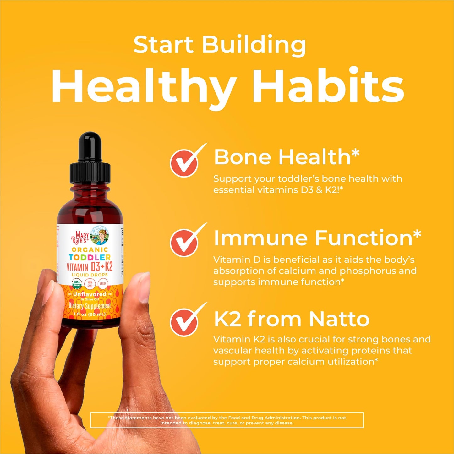 MaryRuth Organics Vitamin D3 | Vitamin K2 | Vitamin D3 K2 Drops | K2 D3 Vitamin Liquid Supplement for Toddlers | Kids Supplement for Calcium Absorption Strong Bones | Vegan | Gluten Free | 1 Fl Oz MARYRUTH'SUS supplements