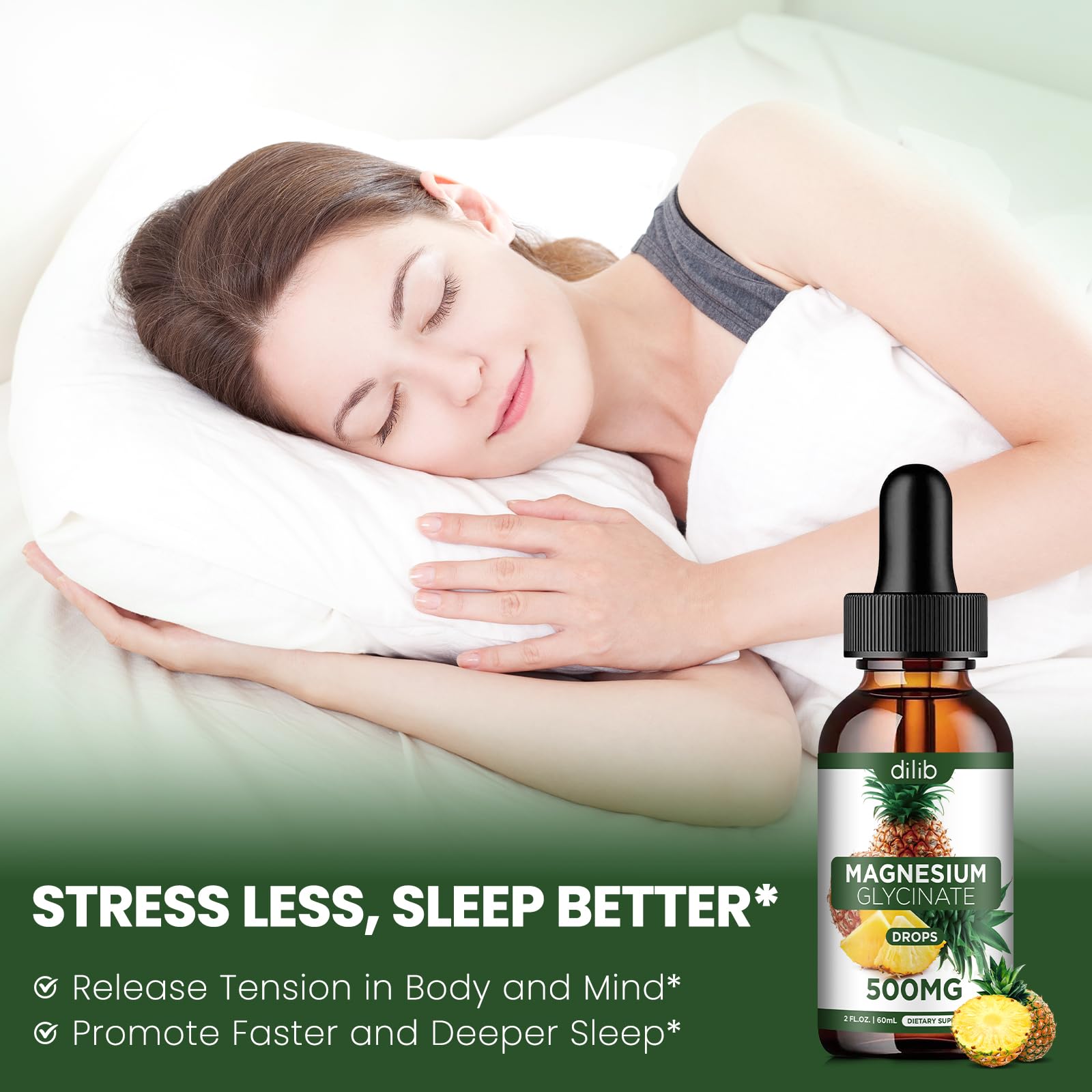 Magnesium Glycinate Supplement, Liquid Magnesium Glycinate Liquid Drops 500mg-Support Stress Relief, Relaxation, Mood, Sleep, Bone & Muscle-2 Fl Oz, Vegan, Pineapple Flavor dilibAu supplements
