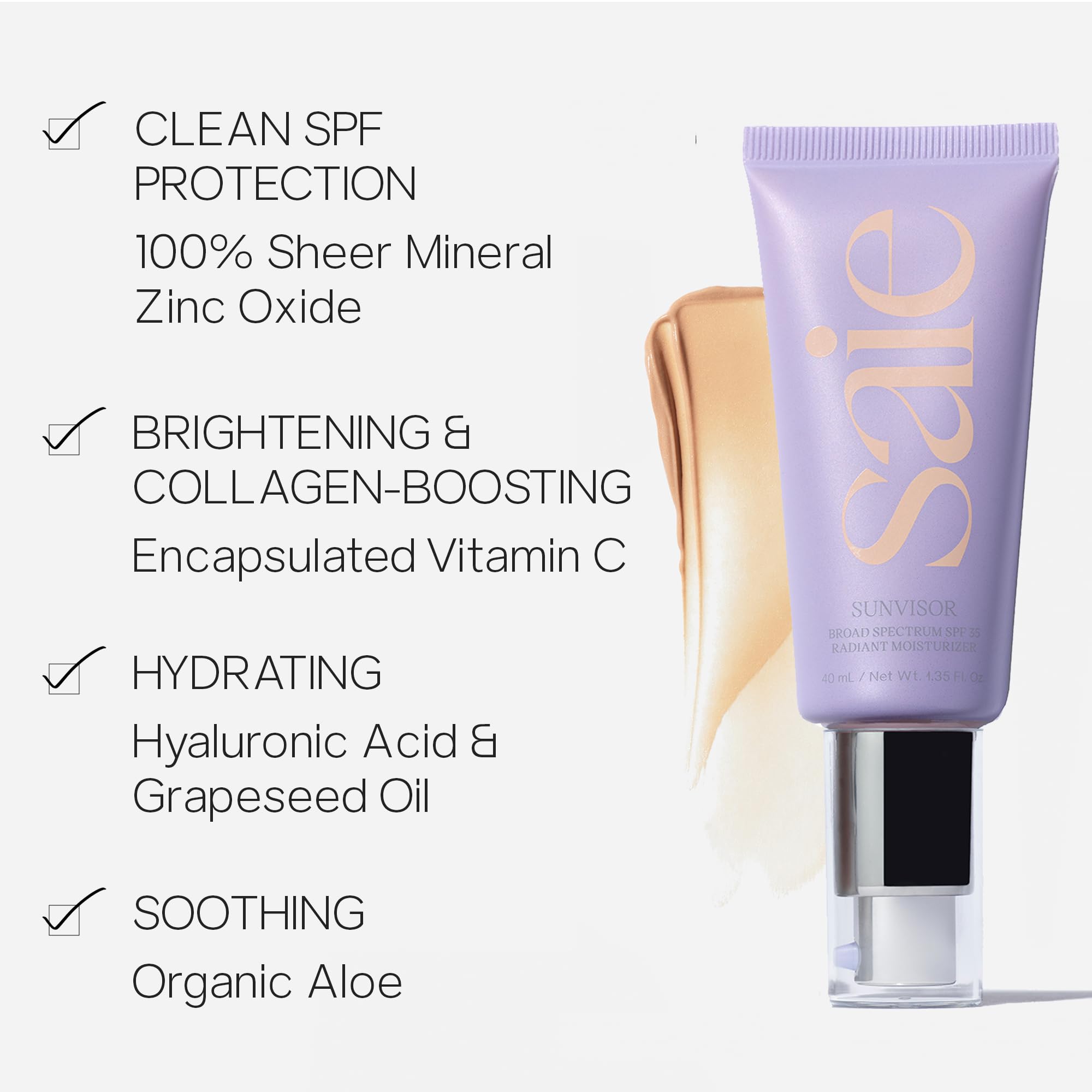Saie Sunvisor Broad Spectrum Sunscreen Moisturizer SPF 35 - Hydrating Daily Face Sunscreen with 100% Sheer Mineral Zinc Oxide, Hyaluronic Acid + Vitamin C for Radiant, Dewy Skin (1.35 fl oz) SaieAu supplements