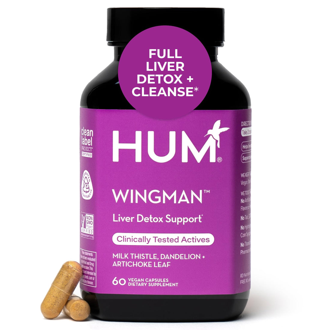 HUM Wing Man Liver Support Supplement with Milk Thistle, Dandelion Root Powder & Artichoke Leaf Extract For Liver Health & Function Support, Milk Thistle Supplement Helps Flush Out Toxins, 60 Capsules HUMUS supplements
