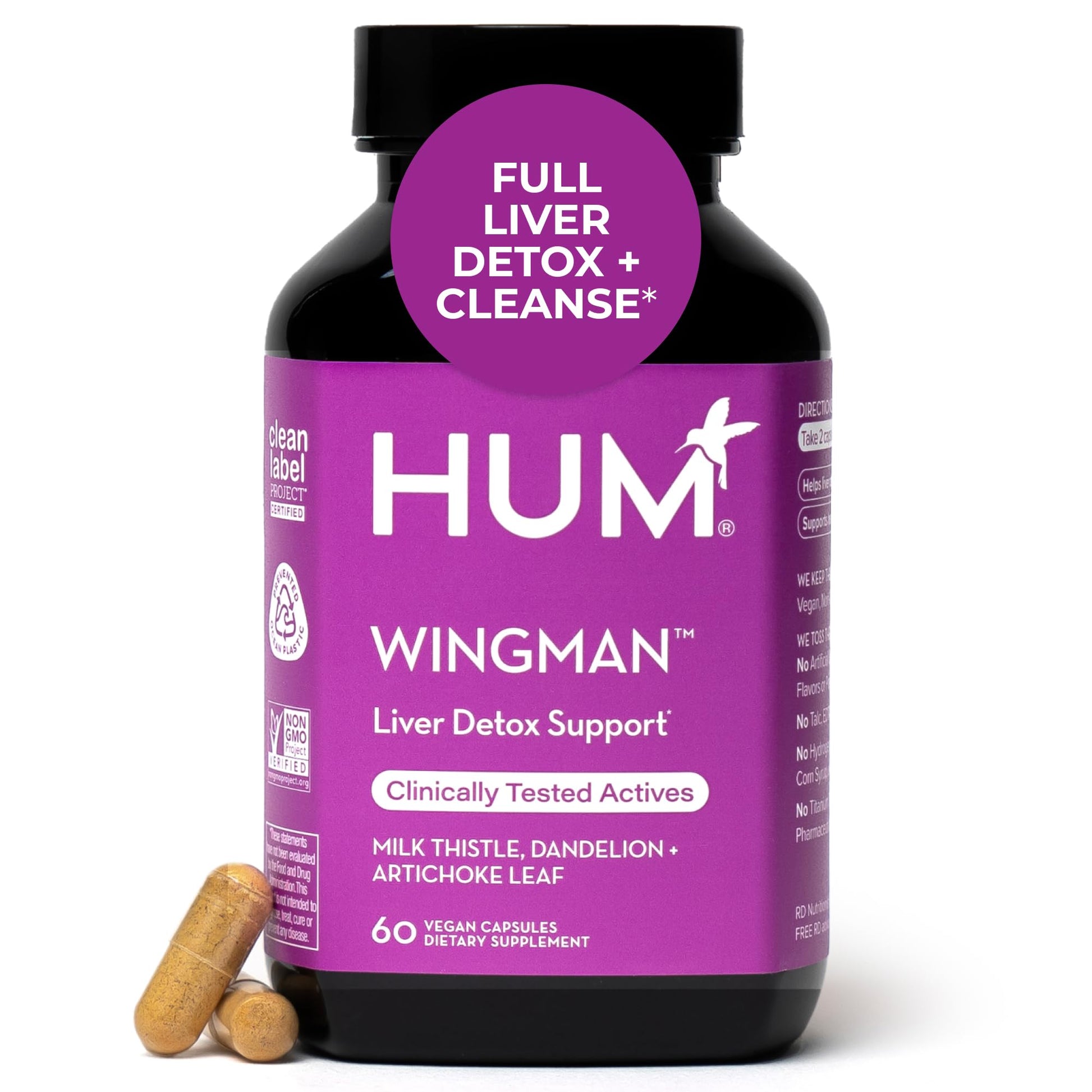 HUM Wing Man Liver Support Supplement with Milk Thistle, Dandelion Root Powder & Artichoke Leaf Extract For Liver Health & Function Support, Milk Thistle Supplement Helps Flush Out Toxins, 60 Capsules HUMUS supplements