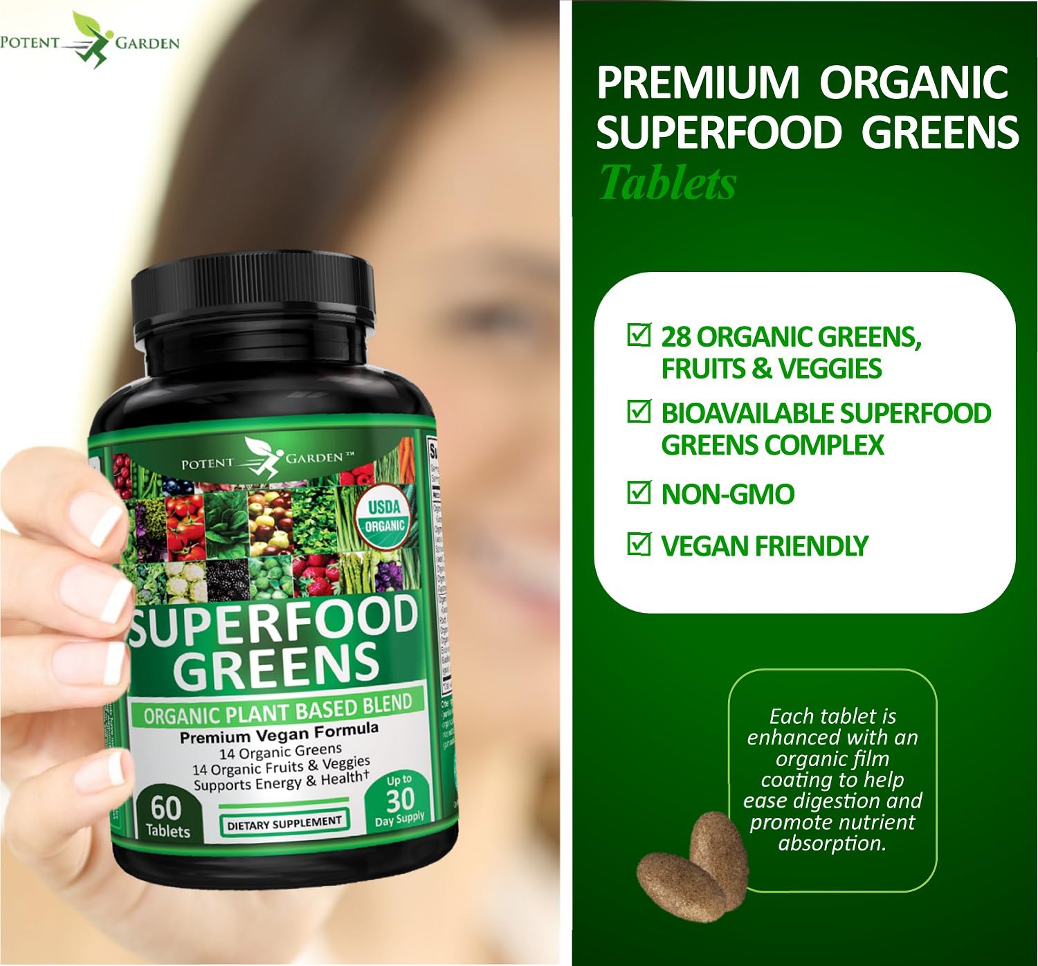 Potent Garden Organic Superfood Greens, Fruit and Veggies Supplement Rich in Vitamins & Antioxidants with Alfalfa, Beet Root & Tart Cherry to Boost Energy, Immunity & Gut Health, Greens Tablets 60 Ct Potent GardenAu supplements