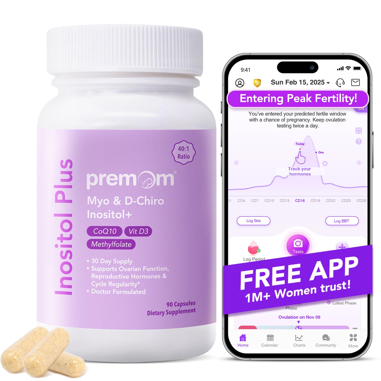 Premom Inositol Plus - 2000mg Myo-Inositol & 50mg D-Chiro Inositol, CoQ10, Folate & Vitamin D3-40:1 Ratio - Supports Hormonal Balance, Ovarian & Reproductive Health - 30 Day Supply PremomAu supplements