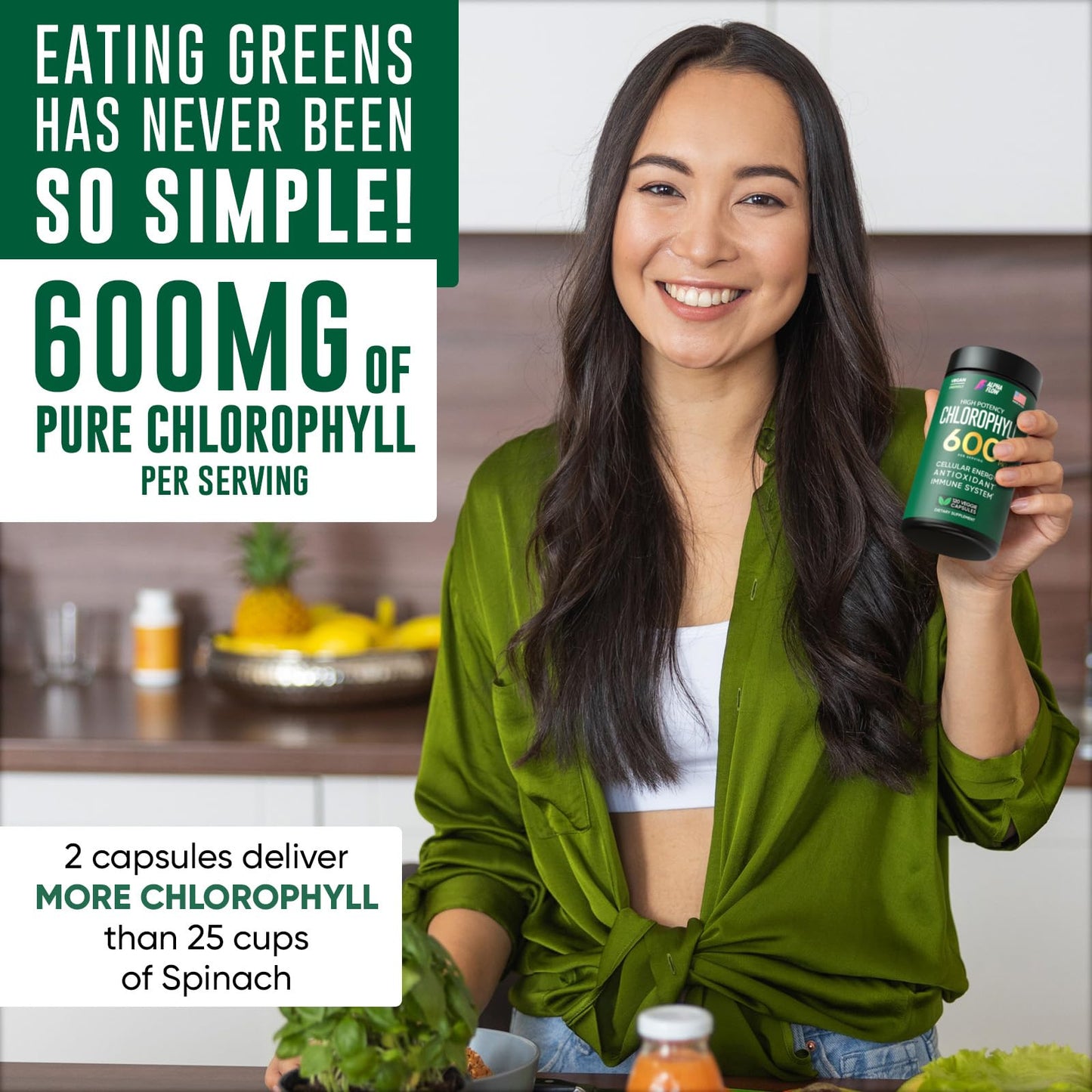 Chlorophyll Capsules 600 mg - Natural Chlorophyll Pills for Women & Men - Highly BioAvailable Alpha FlowUS supplements