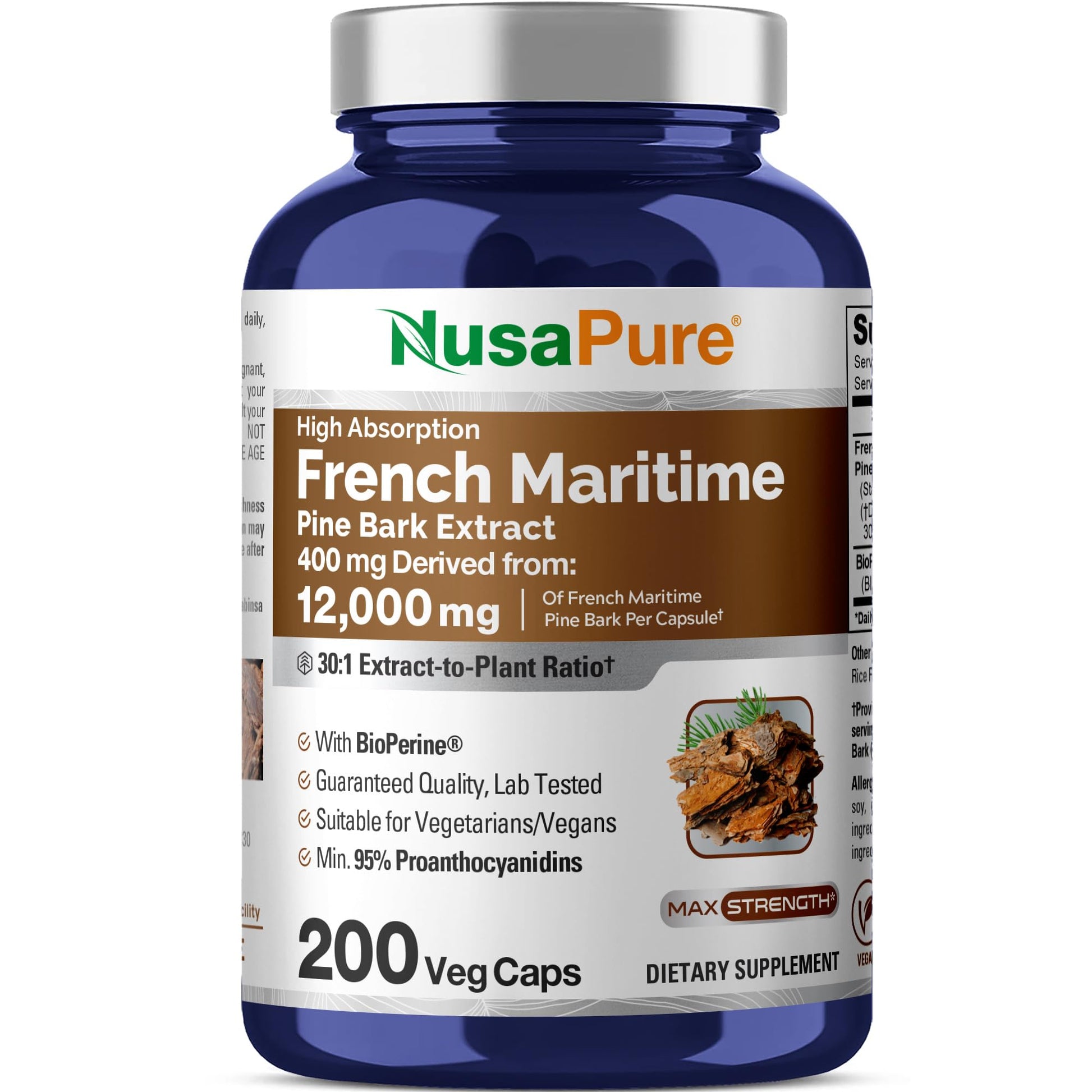 NusaPure French Maritime Pine Bark 30:1 Extract, 400 mg Equivalent to 12,000 mg Per Veggie Caps 200-Day Supply, Bioperine (Non-GMO & Vegan) NusaPureAu supplements