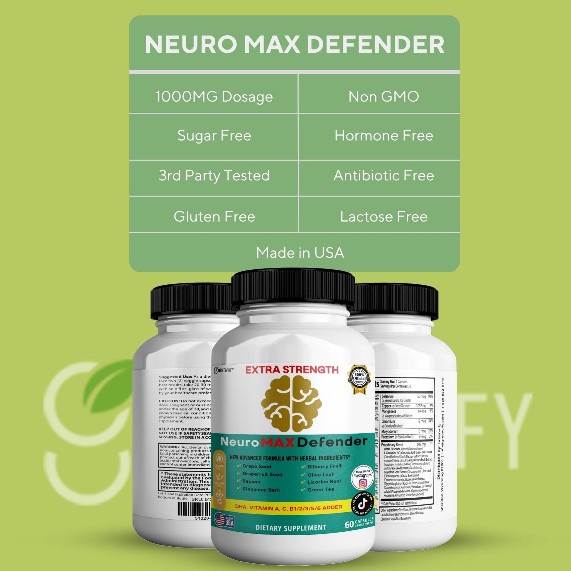 GREENVIFY NeuroMAX Defender Extra Strength Brain Support Supplement with Herbal Blend, 60 Capsules, DHA, B12, Vitamins A C D E, Selenium, 30-Day Supply (1) GREENVIFYAu supplements