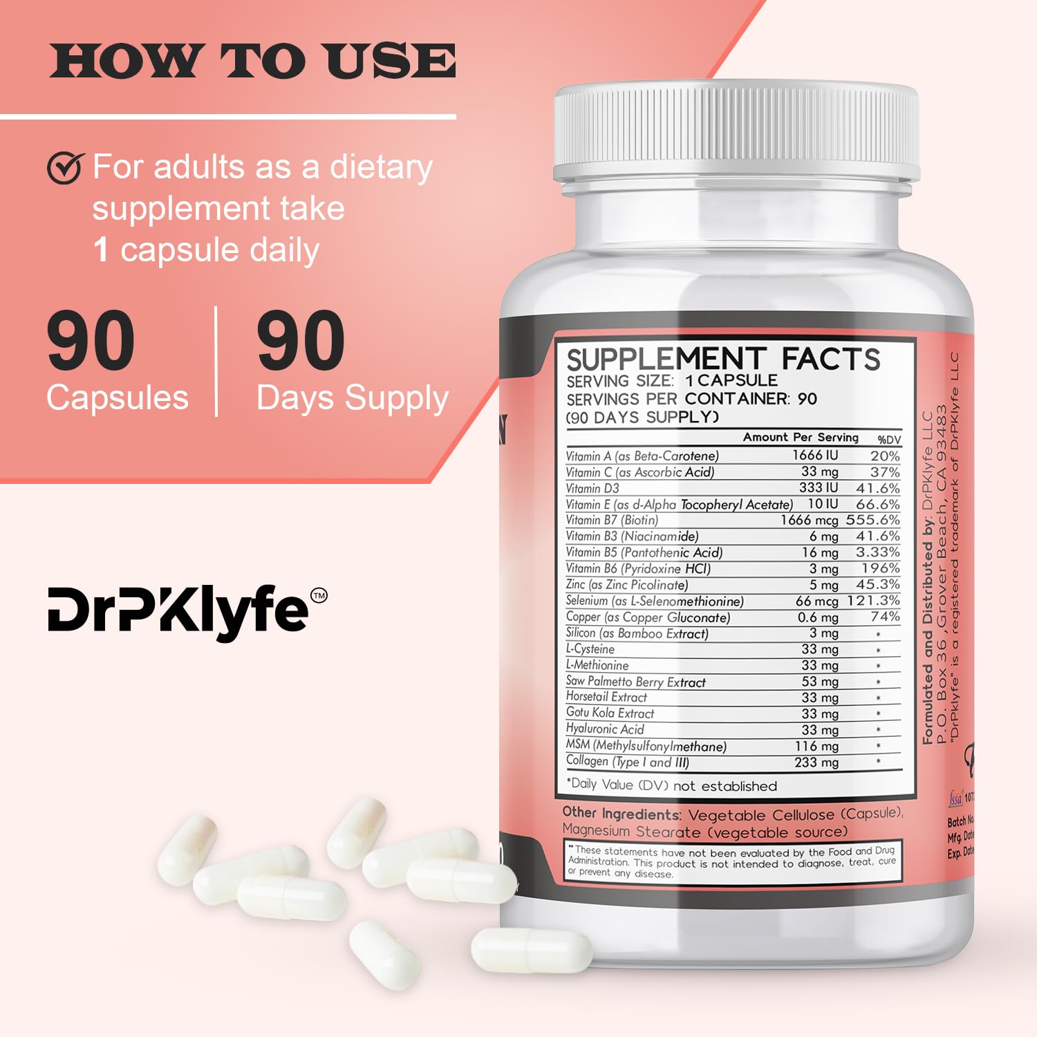 DrPKLyfe Hair, Nail and Skin Supplement Capsules:Biotin, Collagen, Collagen Peptides, Acid Hyaluronic, Biotin, Vitamin A, C, B5, B6 Saw Palmetto & More - 90 Capsules. DrPKLyfeAu supplements