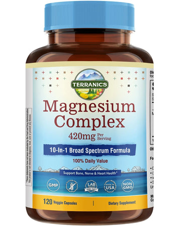 Terranics Magnesium Complex Supplement 420mg, 10-in-1 Full-Spectrum Formula, Glycinate, Citrate, Malate & More, Max Absorption, Bone and Heart Support, 120 Veggie Caps TerranicsAu supplements