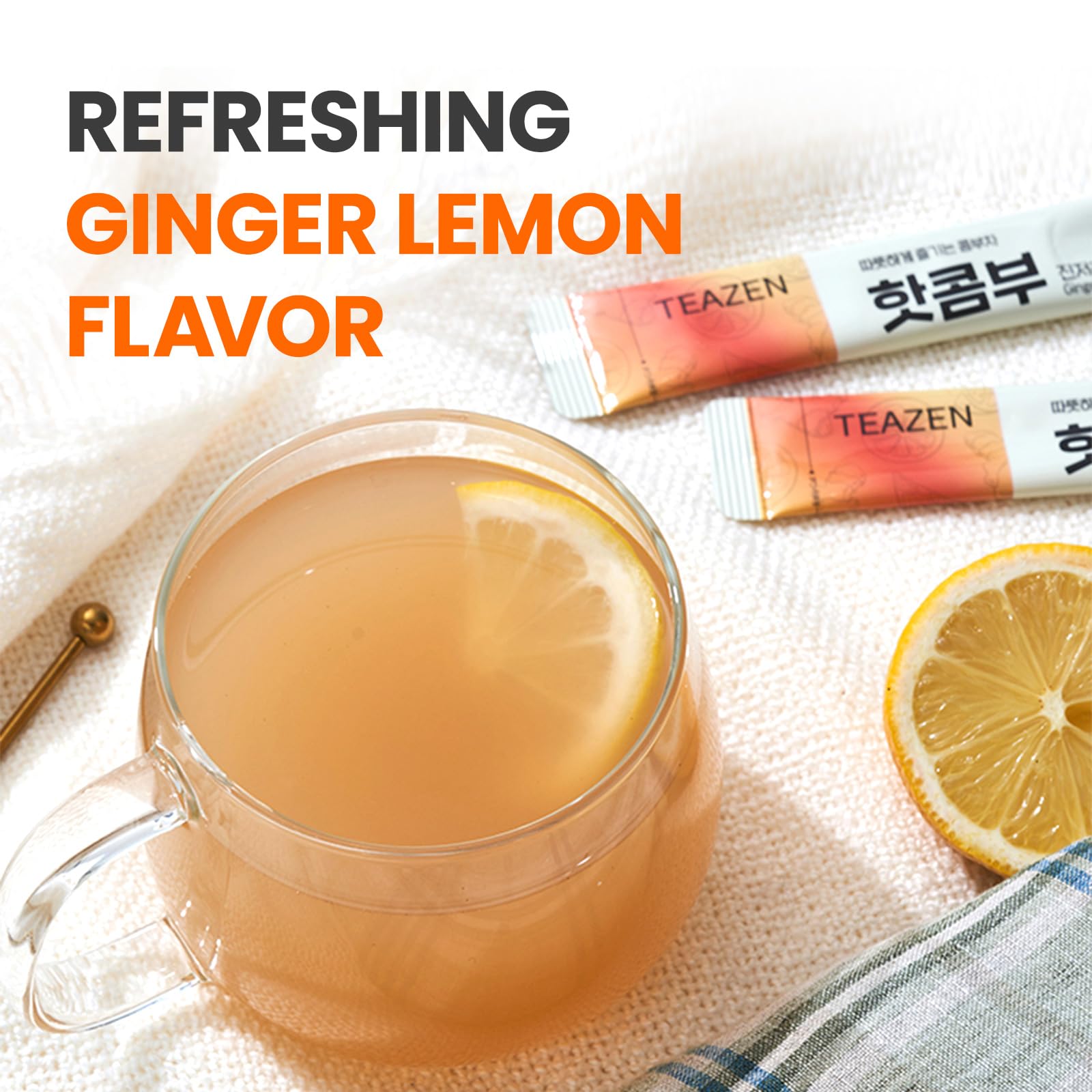 TEAZEN Lemon Ginger Hot Kombucha Tea, Live Probiotics & Postbiotics, Relaxation and Warmth for Colds and Sore Throat, Hydration Drink Mix, Sugar Free, 30 Sticks, 5.29oz TEAZENAu supplements