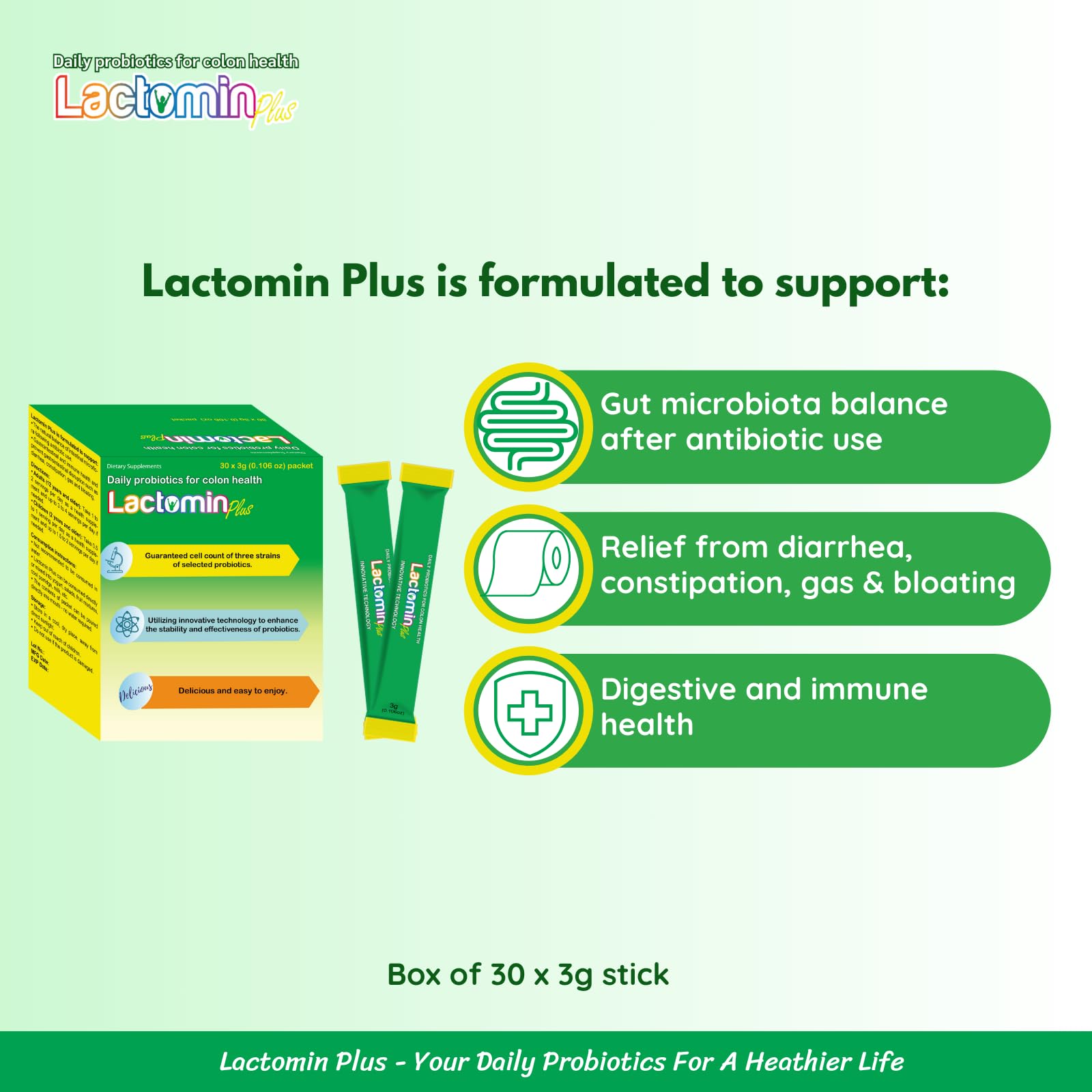 Probiotics - LactominPlus-3 Probiotics Strains - Powder - Sweet Yogurt Flavor - 30 Sticks x 3g (1month), 1.5 Billion CFU, with Prebiotics(FOS), Constipation & Bloating Relief, Microencapsulated LactominAu supplements